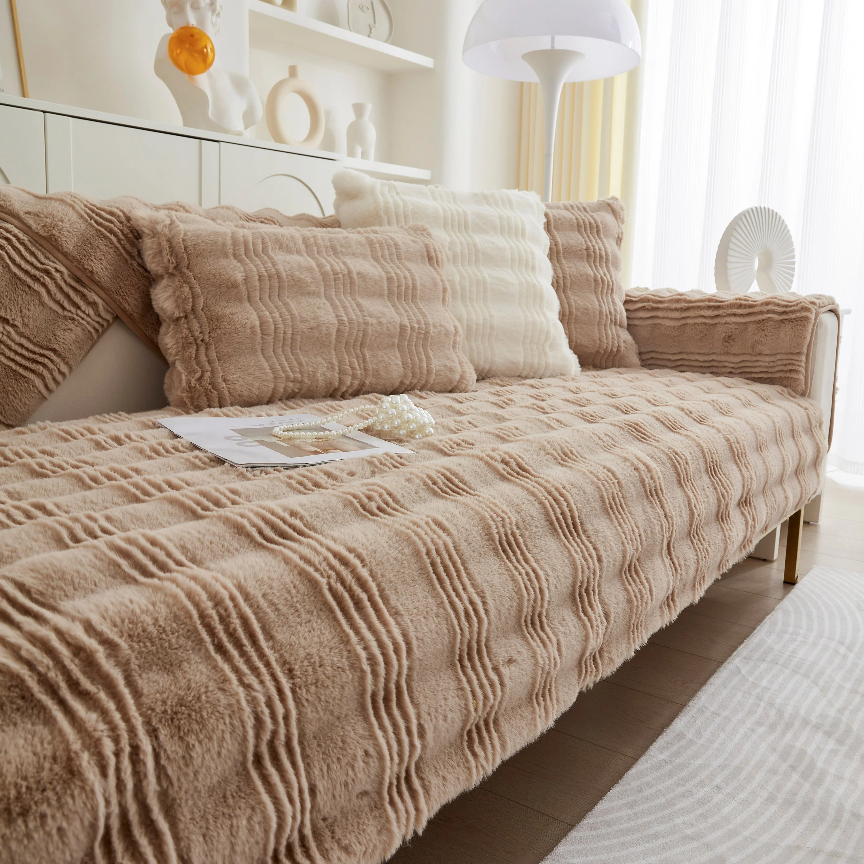 Soft Thick Faux Fur Sofa Cover Stripe Fluffy Fuzzy Non-Slip Washable Couch Covers - Image 30