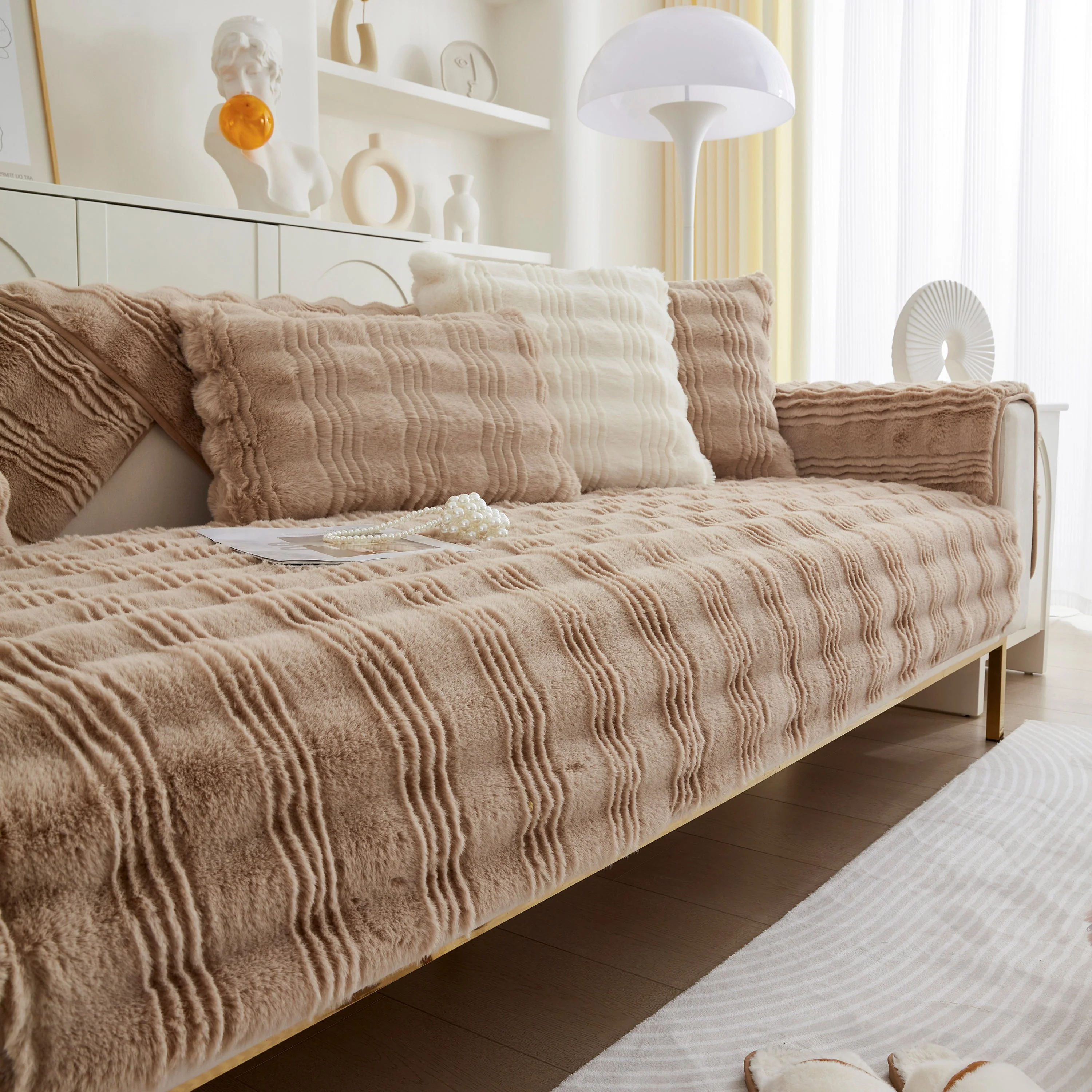 Soft Thick Faux Fur Sofa Cover Stripe Fluffy Fuzzy Non-Slip Washable Couch Covers - Image 31