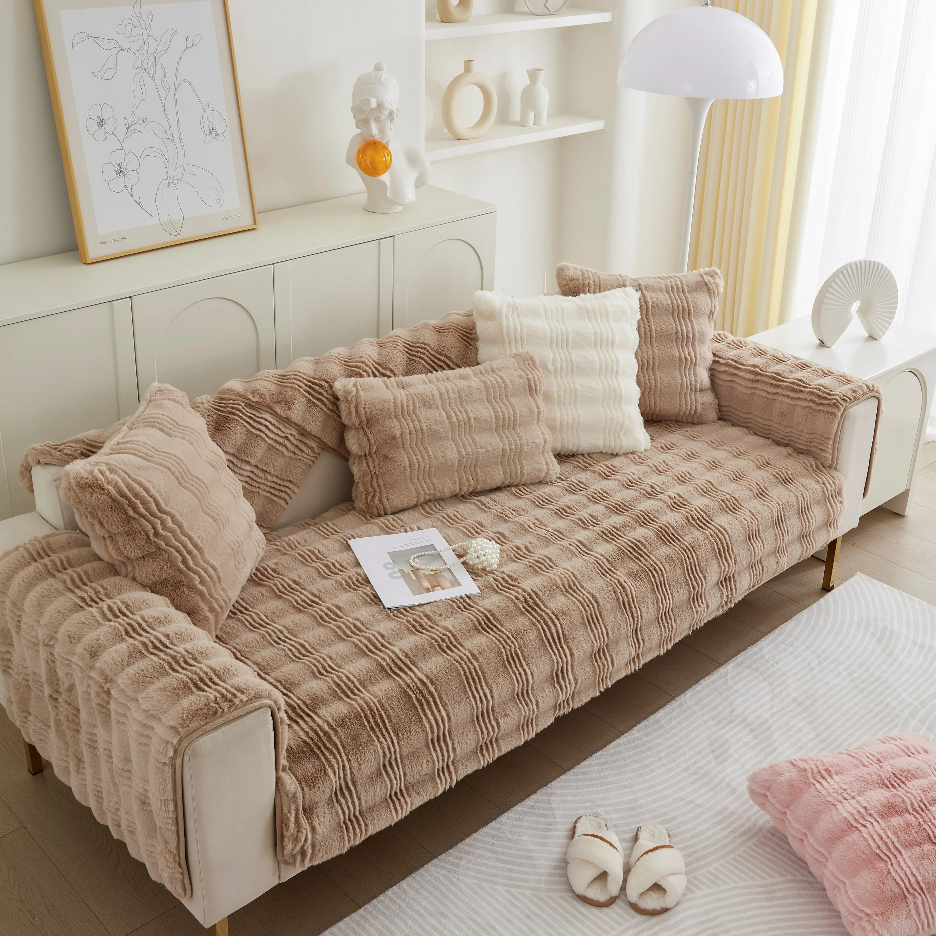 Soft Thick Faux Fur Sofa Cover Stripe Fluffy Fuzzy Non-Slip Washable Couch Covers - Image 32
