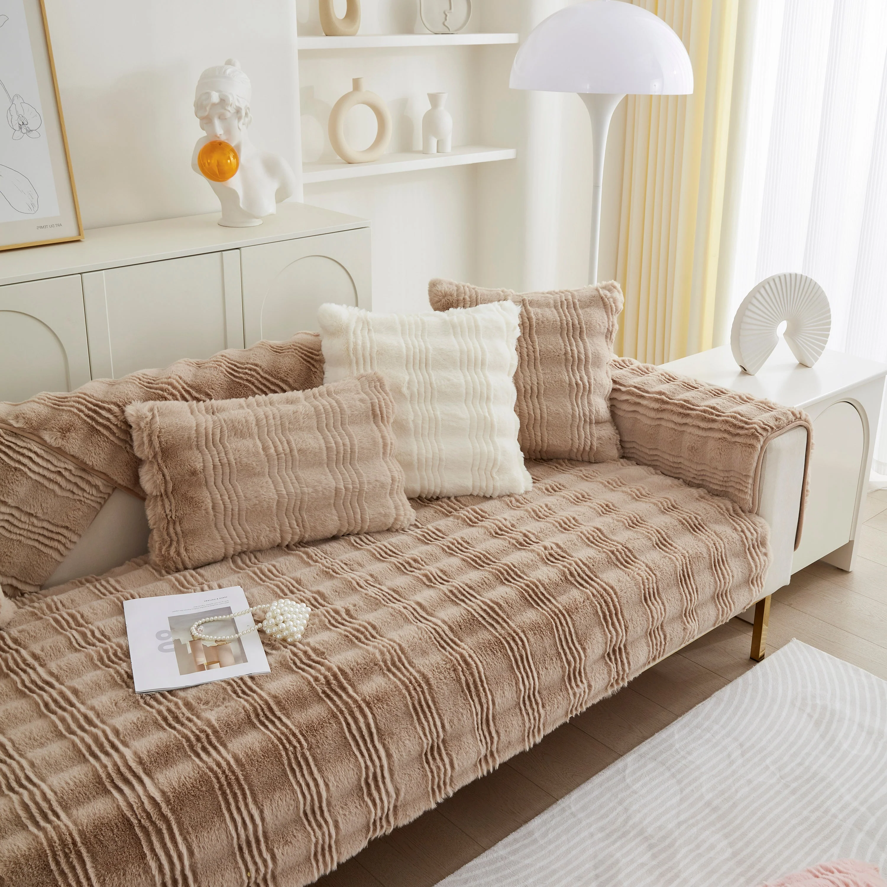 Soft Thick Faux Fur Sofa Cover Stripe Fluffy Fuzzy Non-Slip Washable Couch Covers - Image 33