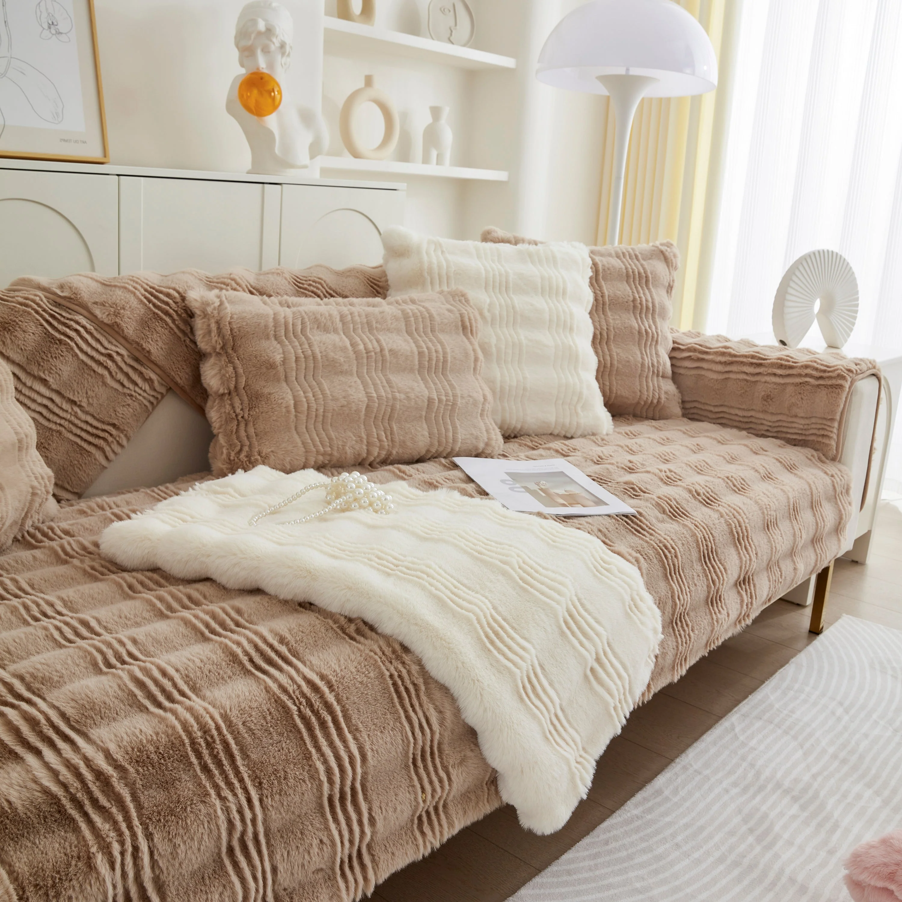 Soft Thick Faux Fur Sofa Cover Stripe Fluffy Fuzzy Non-Slip Washable Couch Covers - Image 35