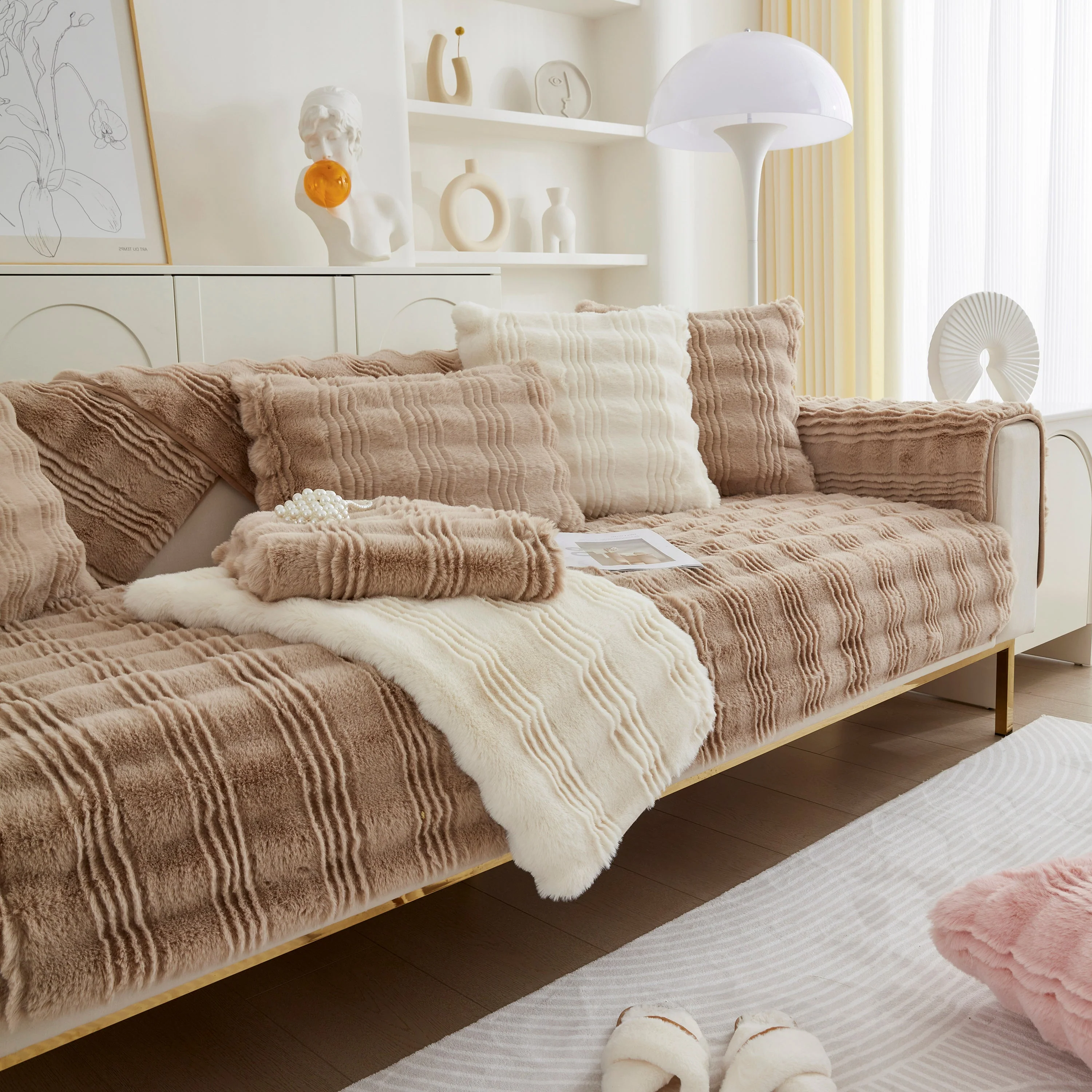 Soft Thick Faux Fur Sofa Cover Stripe Fluffy Fuzzy Non-Slip Washable Couch Covers - Image 37