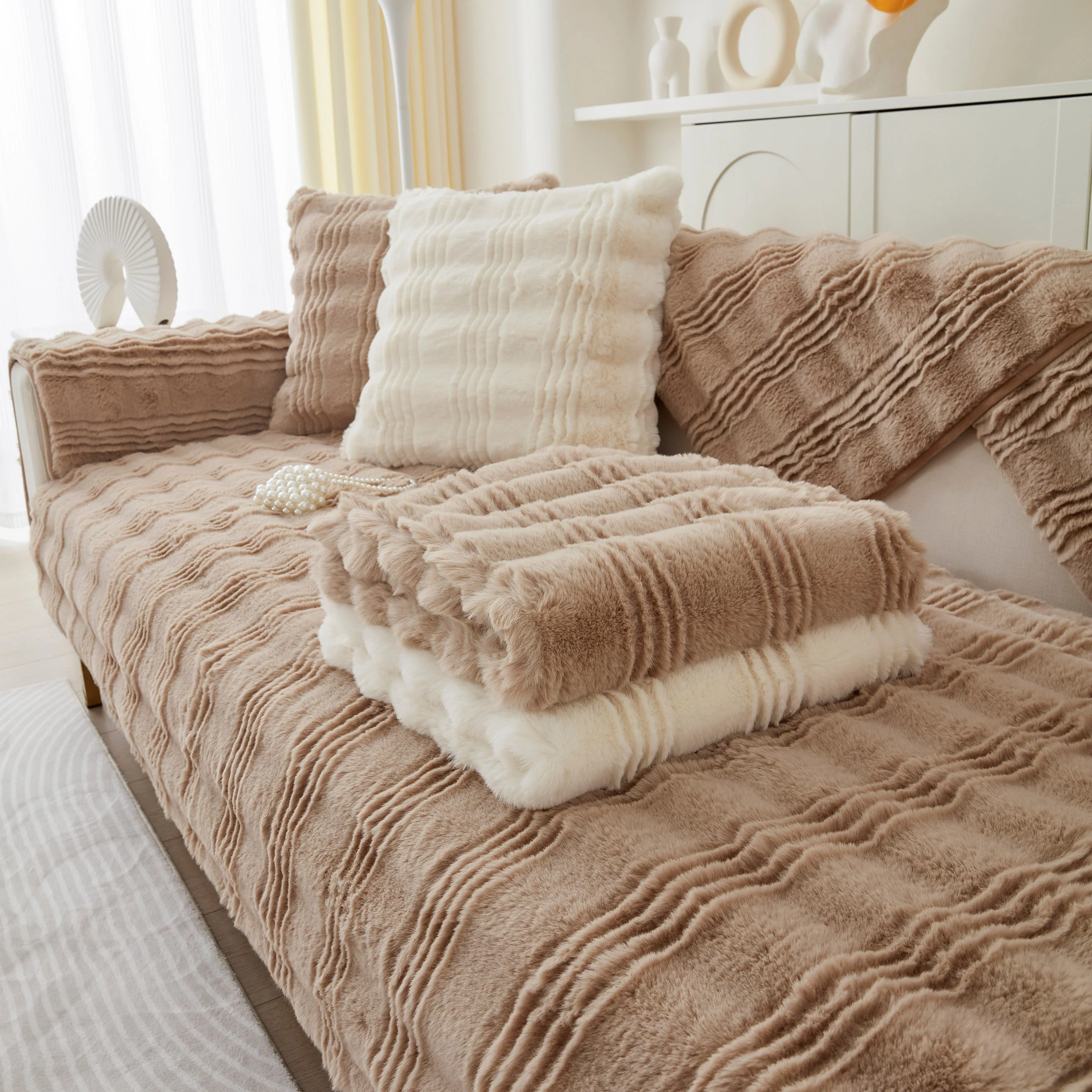Soft Thick Faux Fur Sofa Cover Stripe Fluffy Fuzzy Non-Slip Washable Couch Covers - Image 38
