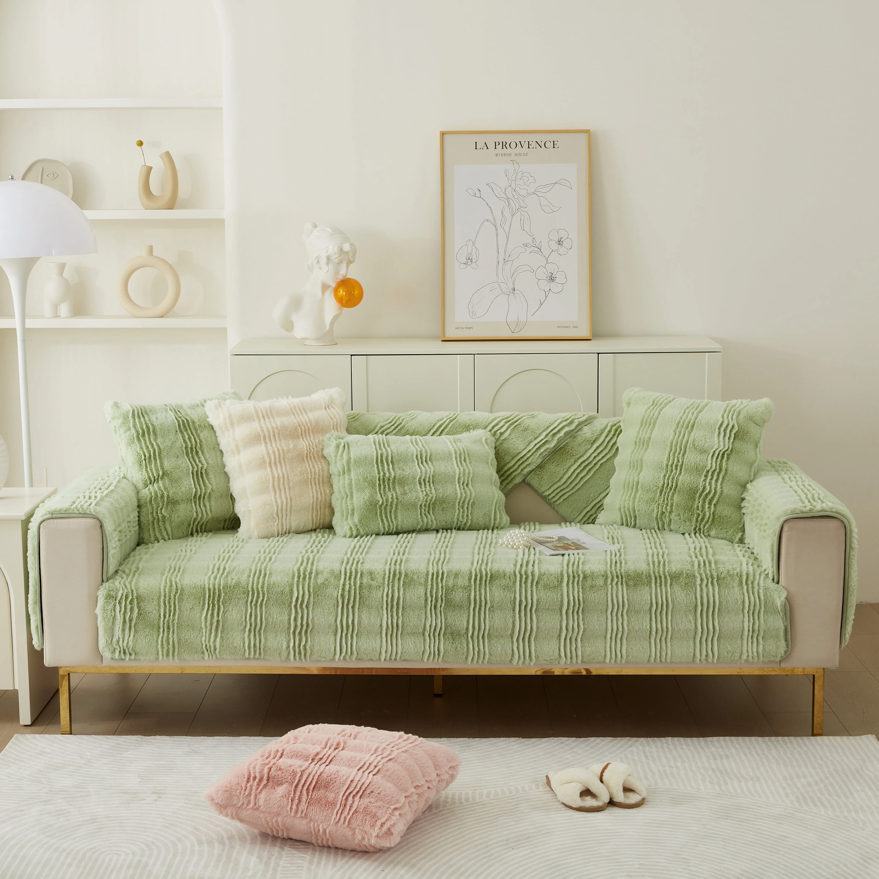 Soft Thick Faux Fur Sofa Cover Stripe Fluffy Fuzzy Non-Slip Washable Couch Covers - Image 45