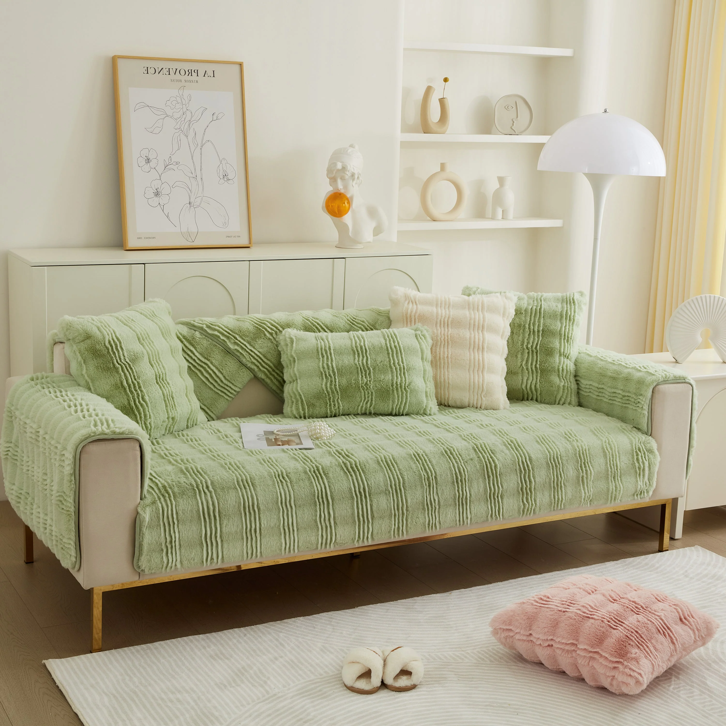 Soft Thick Faux Fur Sofa Cover Stripe Fluffy Fuzzy Non-Slip Washable Couch Covers - Image 46