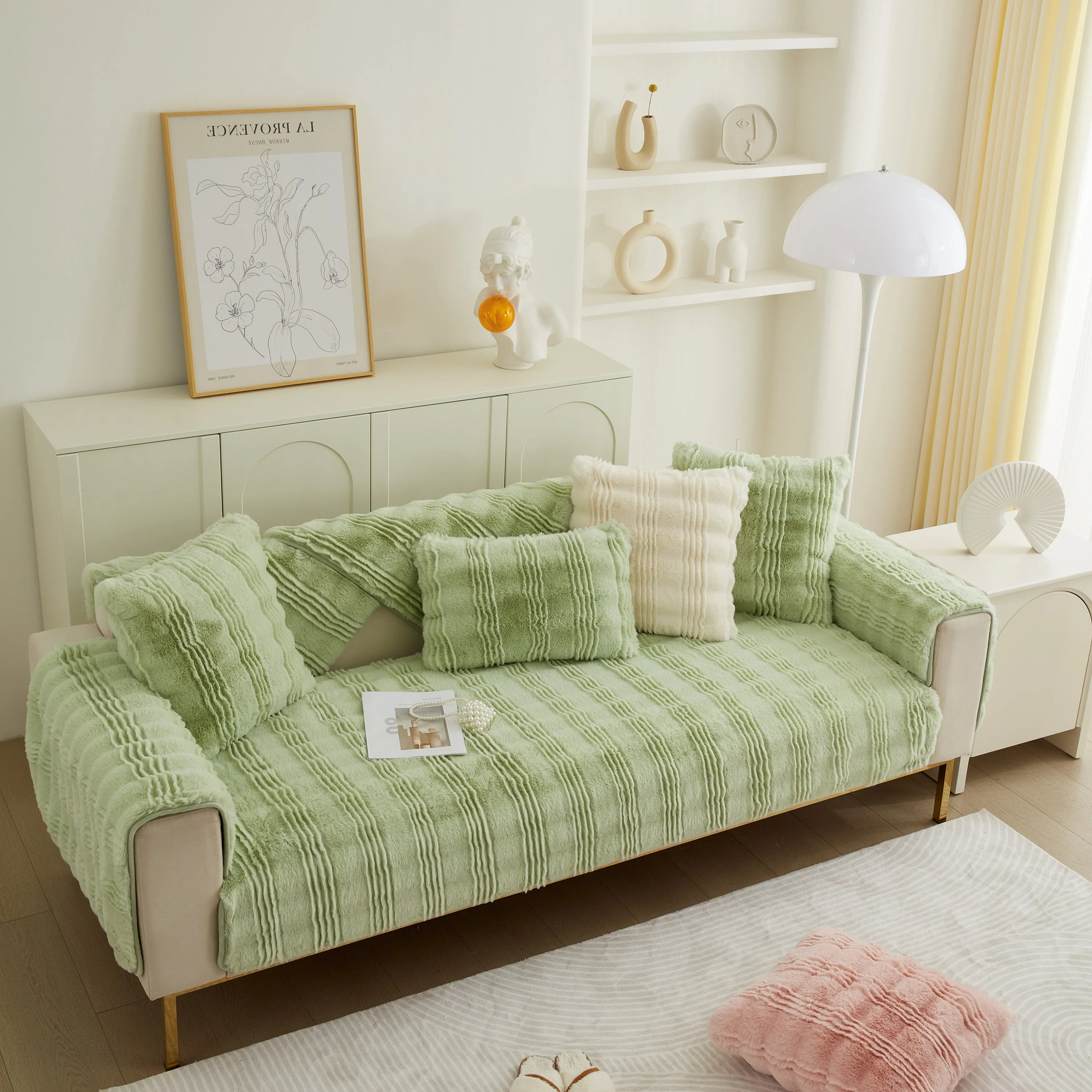 Soft Thick Faux Fur Sofa Cover Stripe Fluffy Fuzzy Non-Slip Washable Couch Covers - Image 47