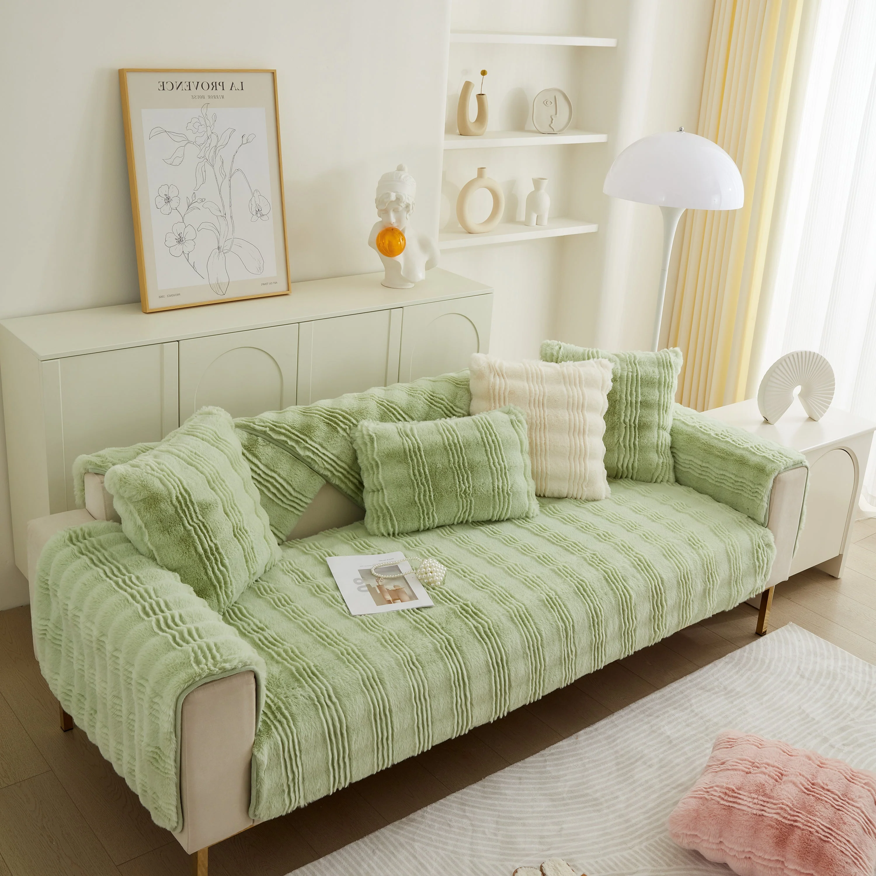 Soft Thick Faux Fur Sofa Cover Stripe Fluffy Fuzzy Non-Slip Washable Couch Covers - Image 48