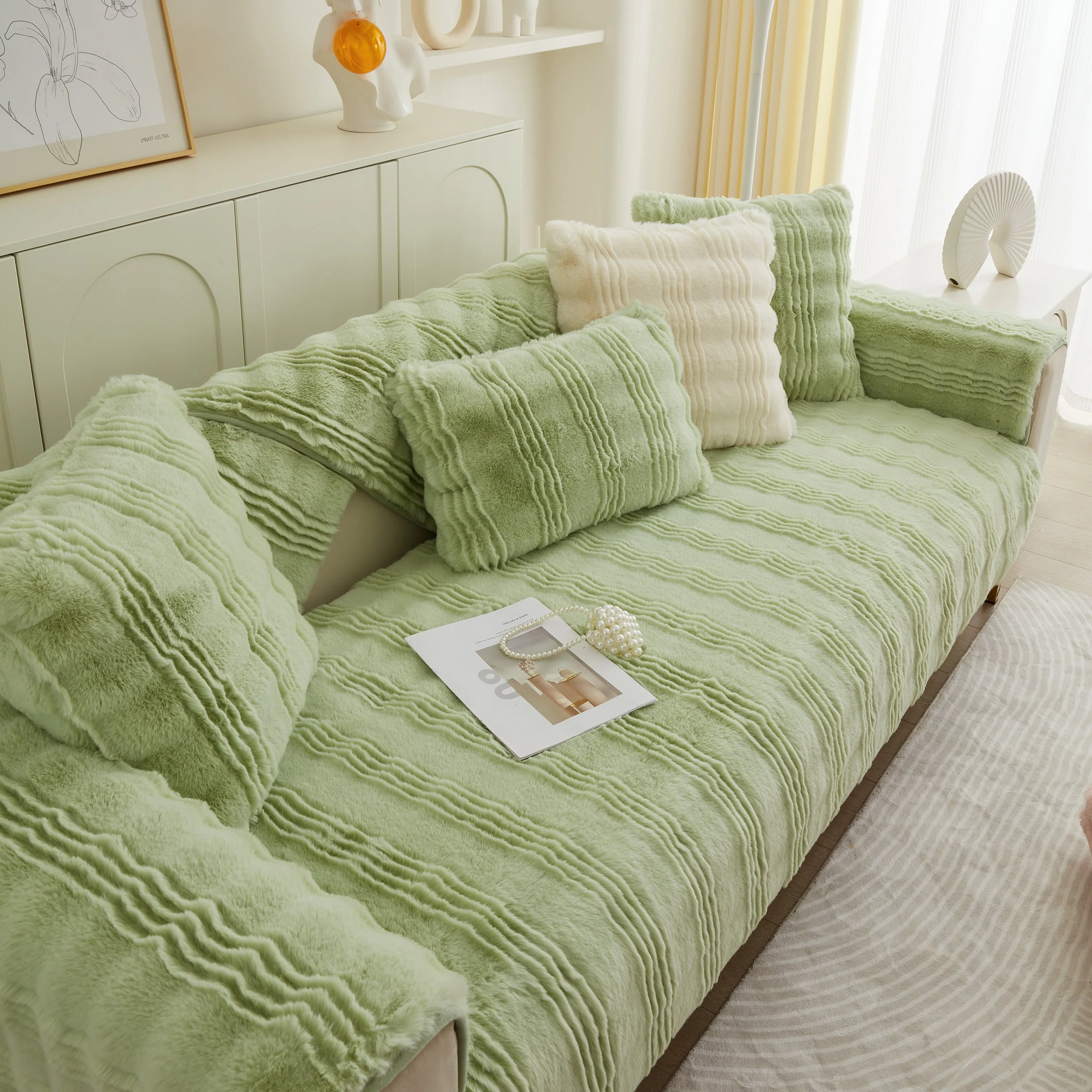 Soft Thick Faux Fur Sofa Cover Stripe Fluffy Fuzzy Non-Slip Washable Couch Covers - Image 49