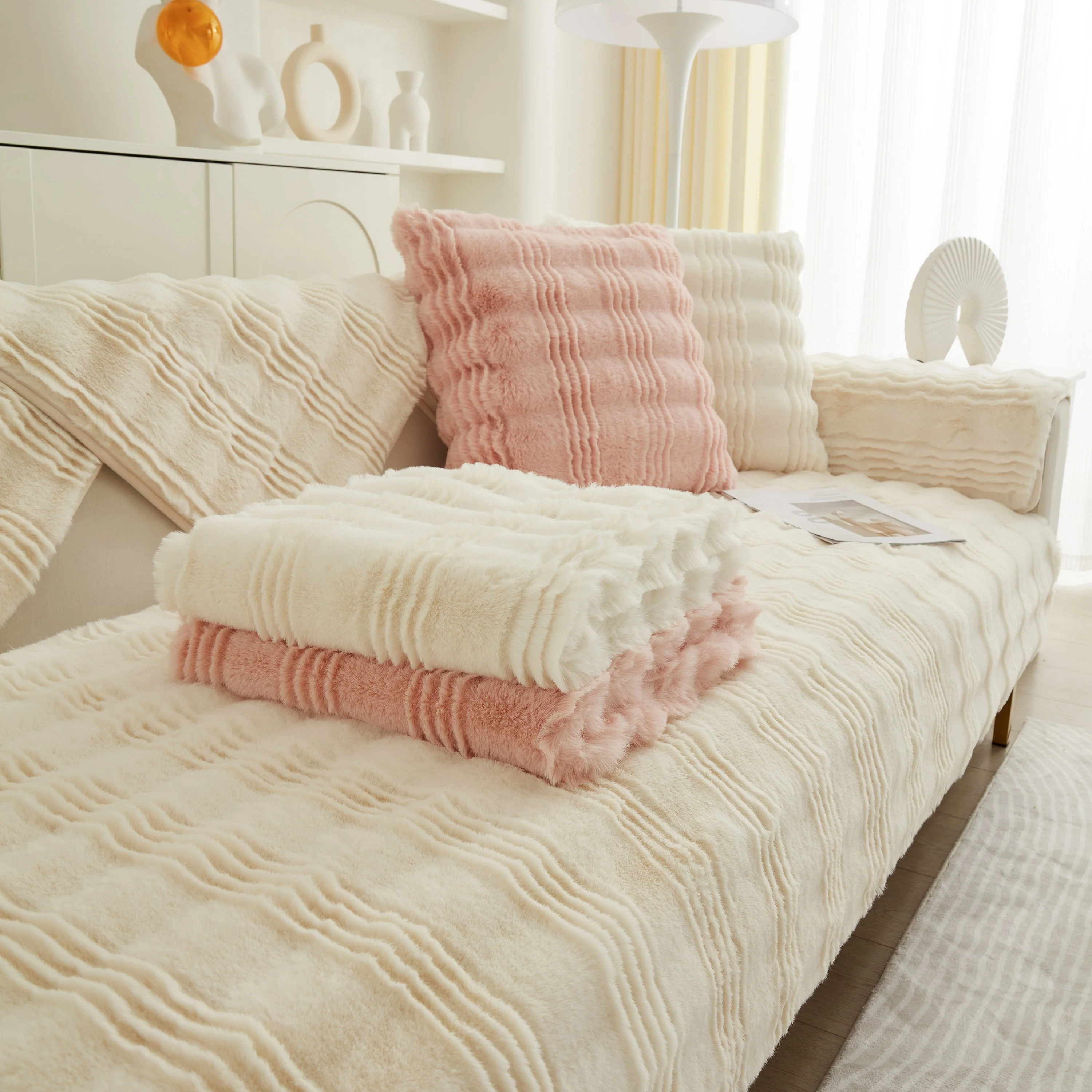 Soft Thick Faux Fur Sofa Cover Stripe Fluffy Fuzzy Non-Slip Washable Couch Covers - Image 5