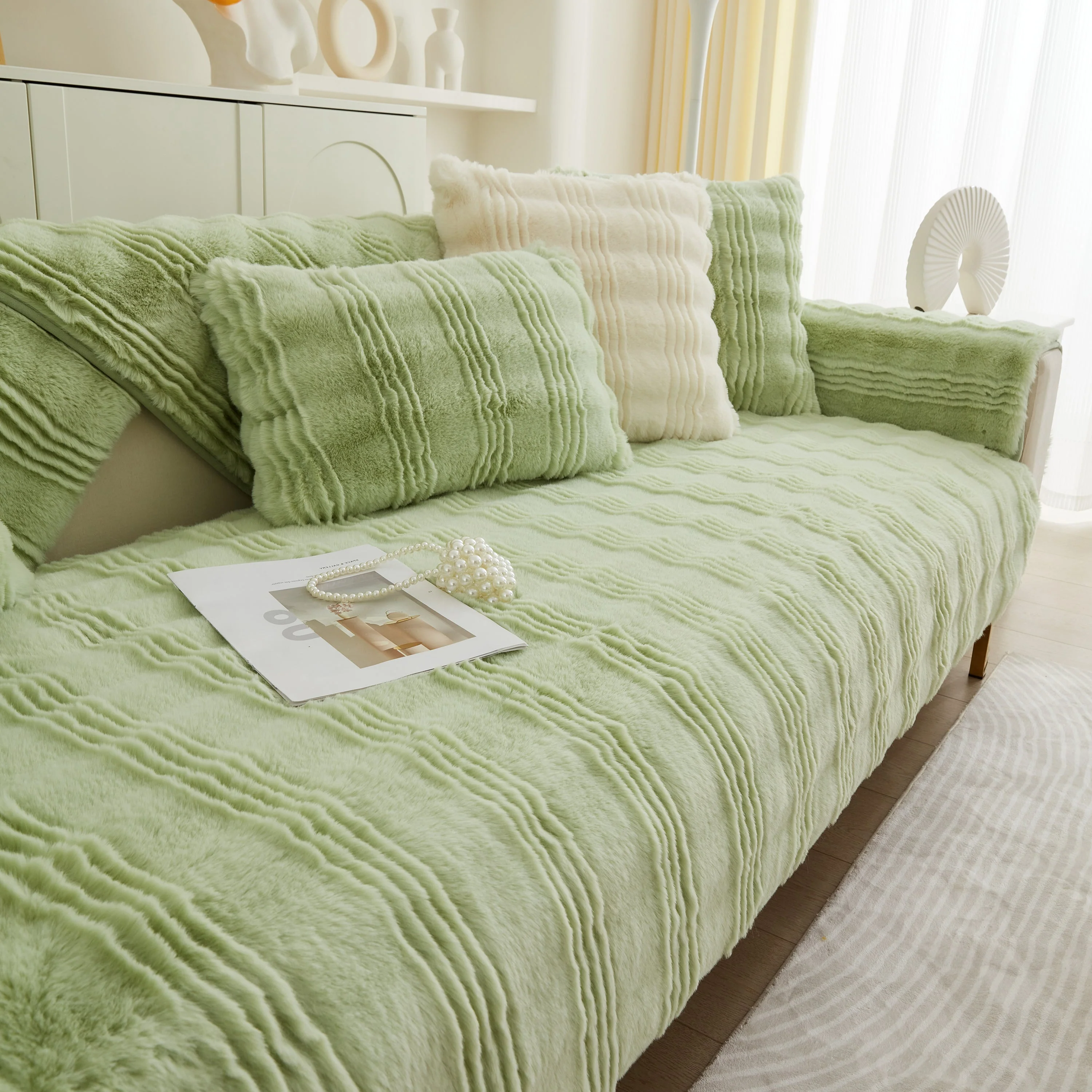 Soft Thick Faux Fur Sofa Cover Stripe Fluffy Fuzzy Non-Slip Washable Couch Covers - Image 50