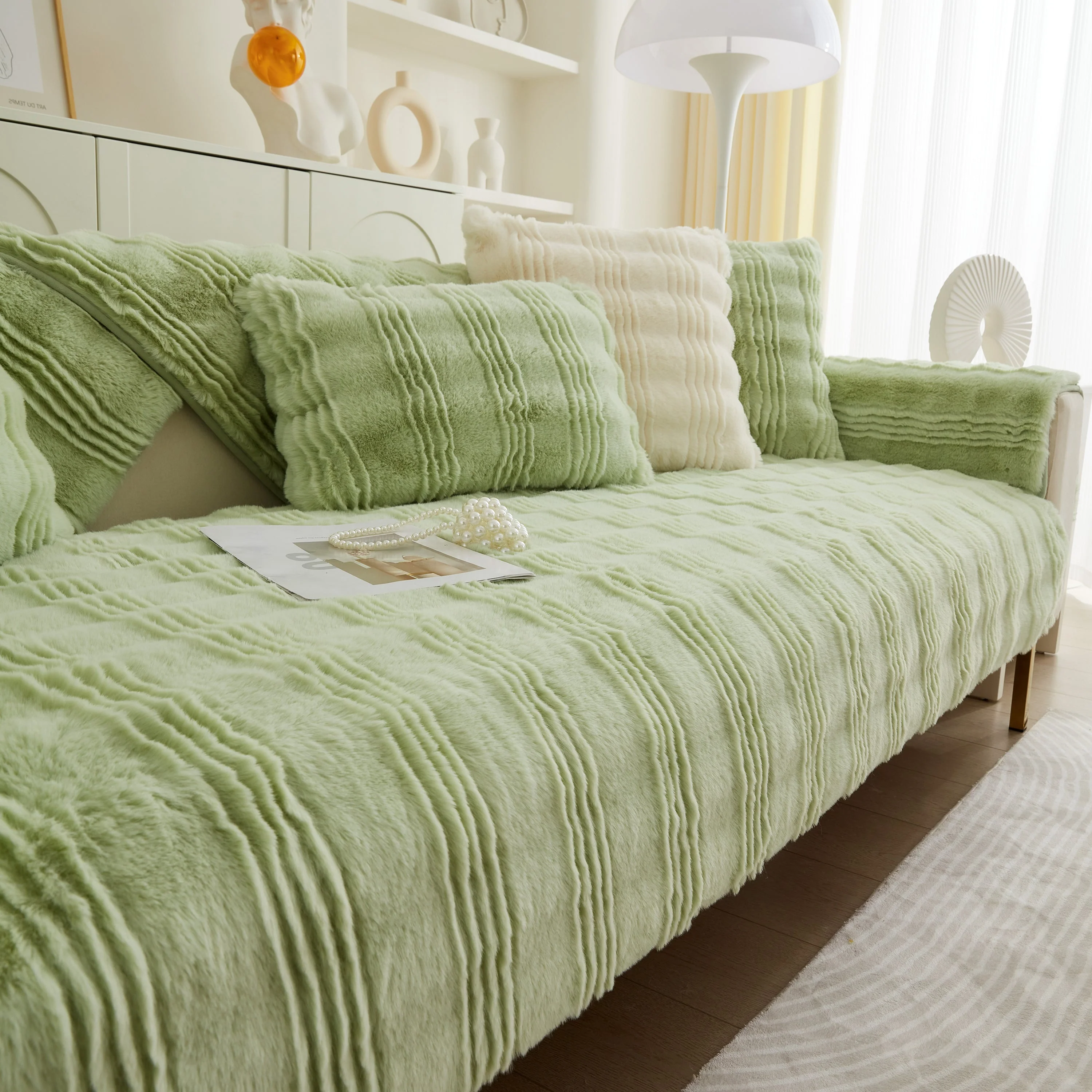 Soft Thick Faux Fur Sofa Cover Stripe Fluffy Fuzzy Non-Slip Washable Couch Covers - Image 51