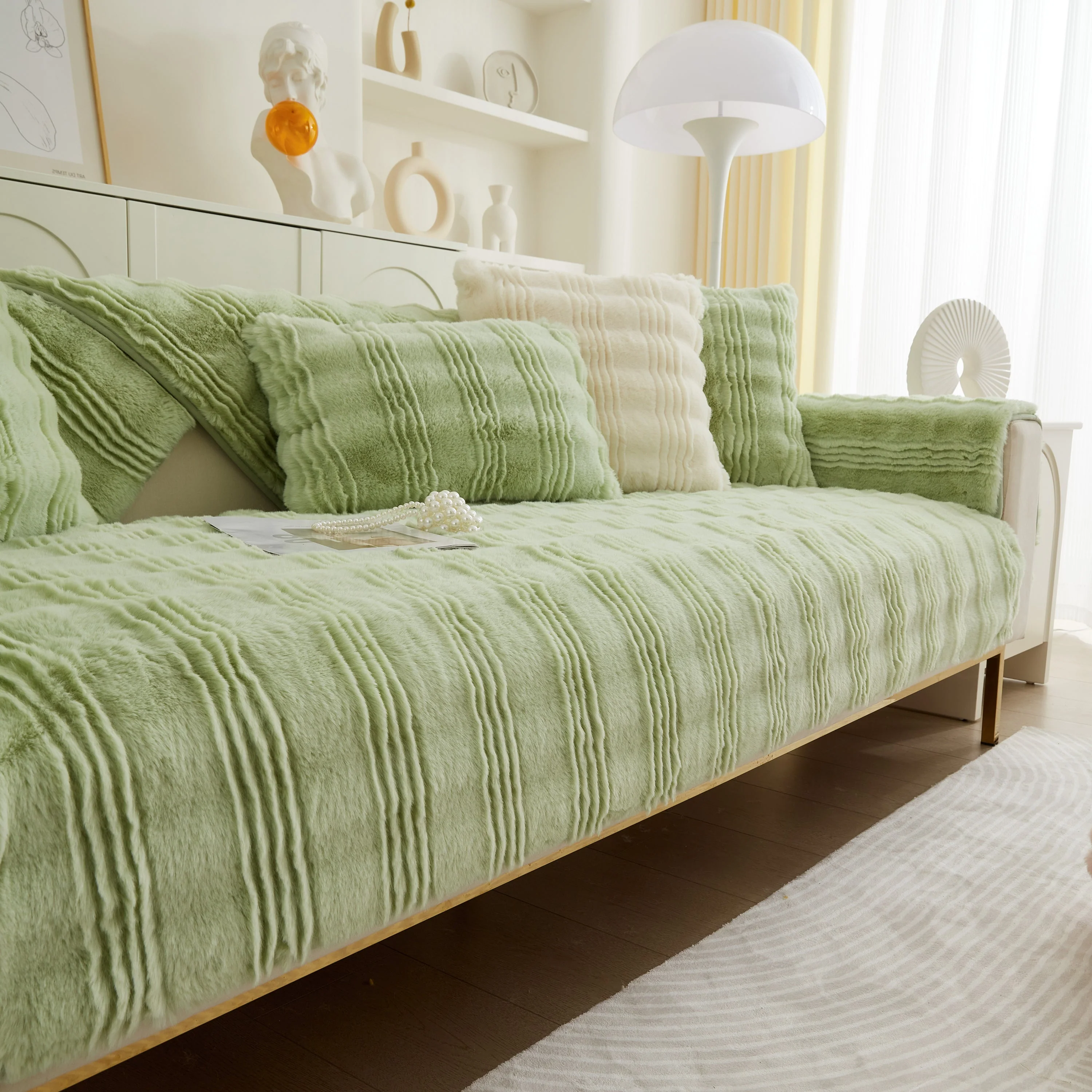 Soft Thick Faux Fur Sofa Cover Stripe Fluffy Fuzzy Non-Slip Washable Couch Covers - Image 52