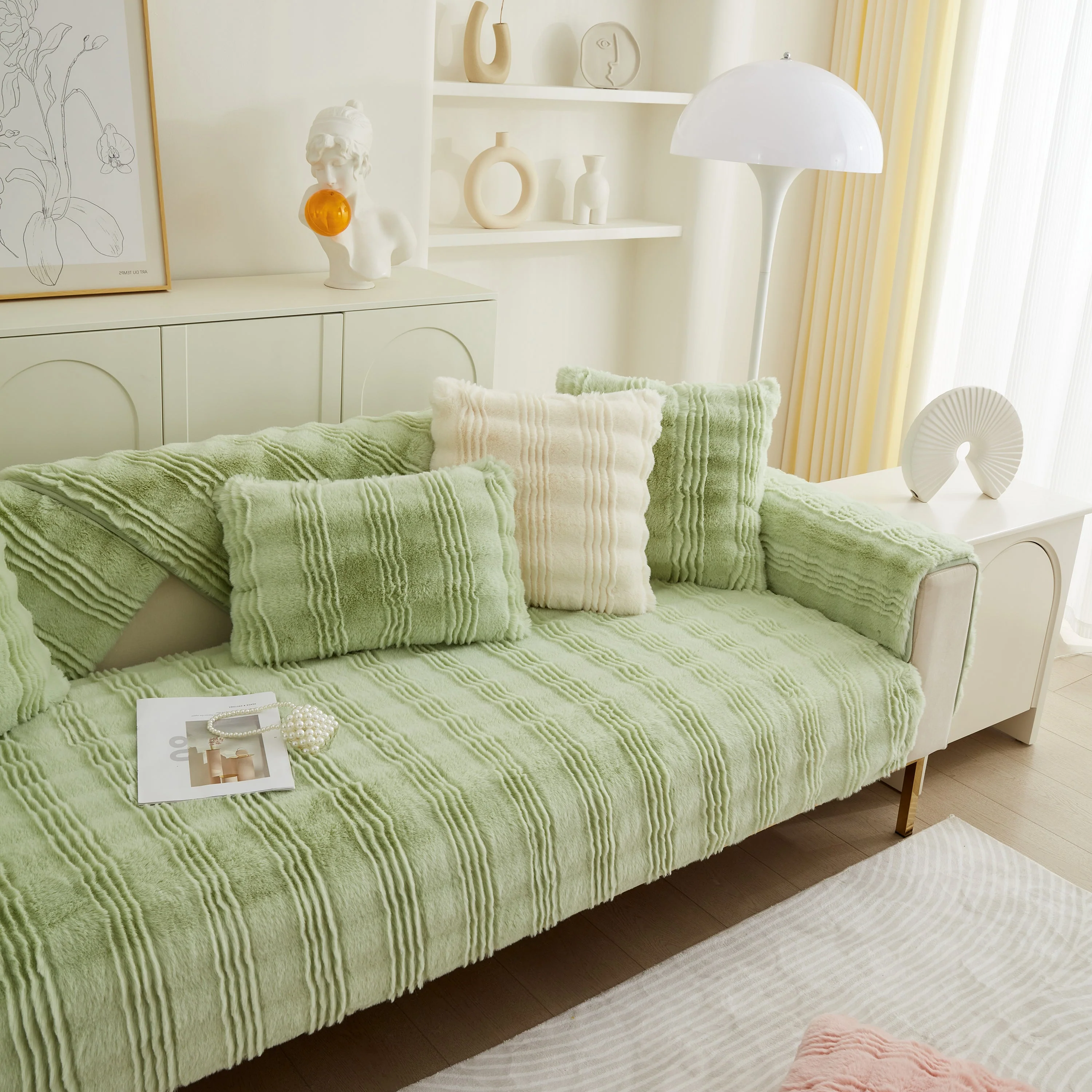 Soft Thick Faux Fur Sofa Cover Stripe Fluffy Fuzzy Non-Slip Washable Couch Covers - Image 53