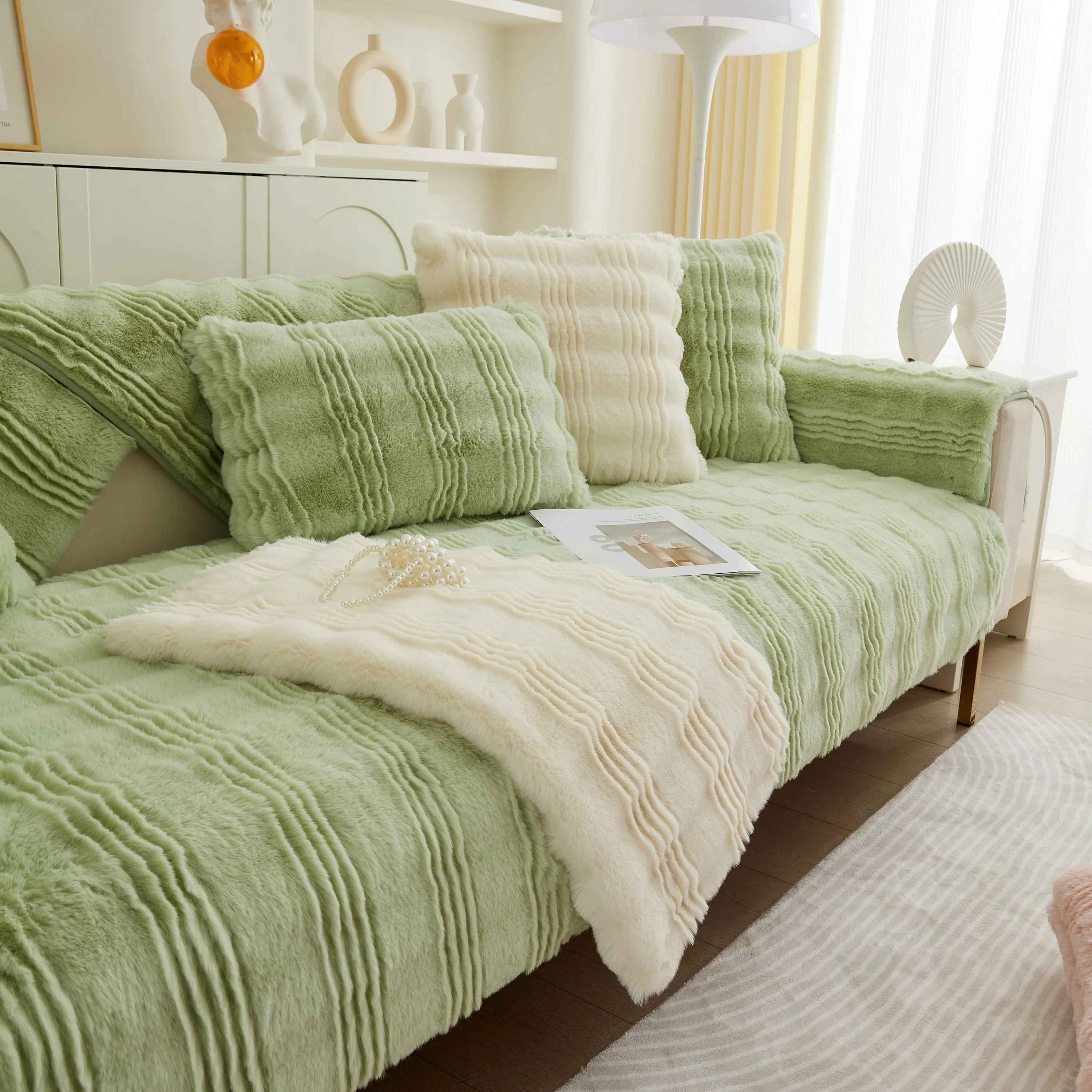 Soft Thick Faux Fur Sofa Cover Stripe Fluffy Fuzzy Non-Slip Washable Couch Covers - Image 55