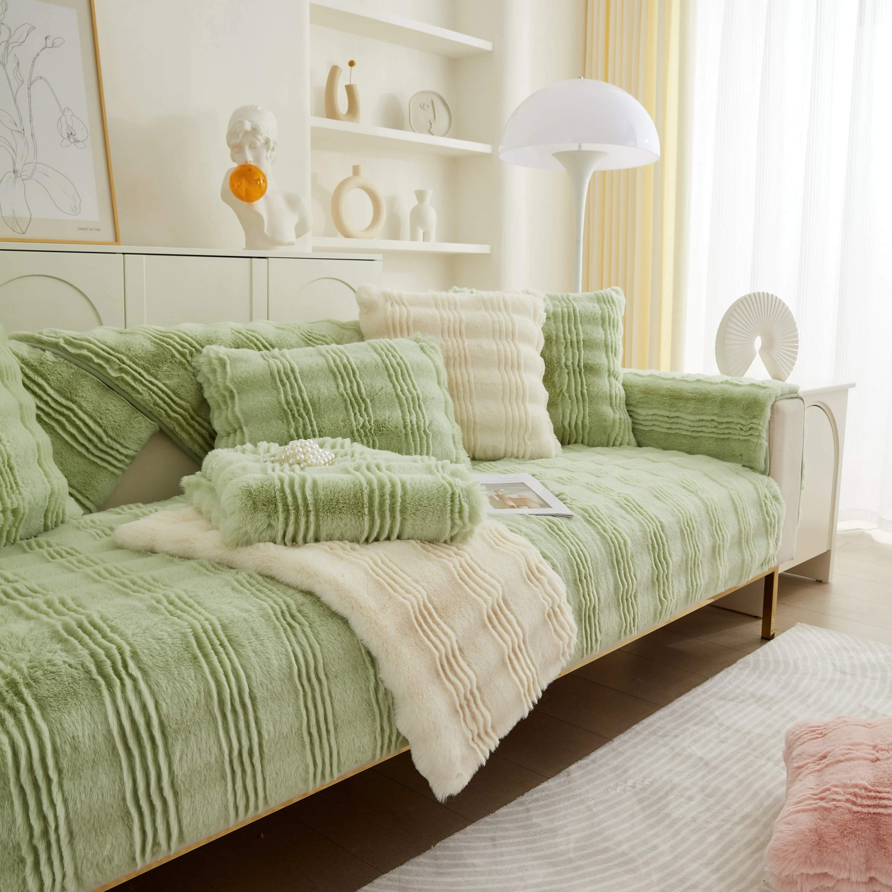 Soft Thick Faux Fur Sofa Cover Stripe Fluffy Fuzzy Non-Slip Washable Couch Covers - Image 57