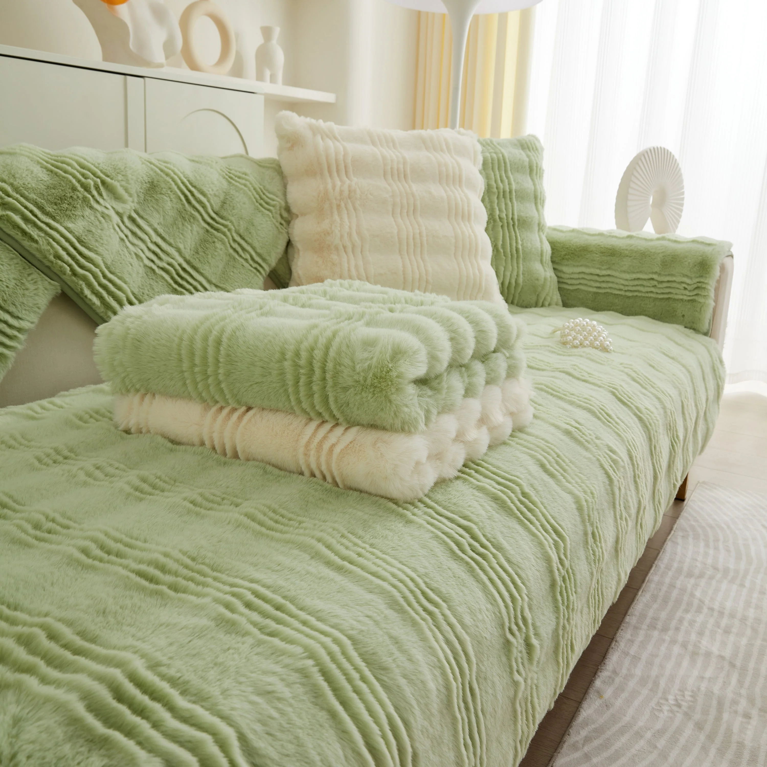 Soft Thick Faux Fur Sofa Cover Stripe Fluffy Fuzzy Non-Slip Washable Couch Covers - Image 58