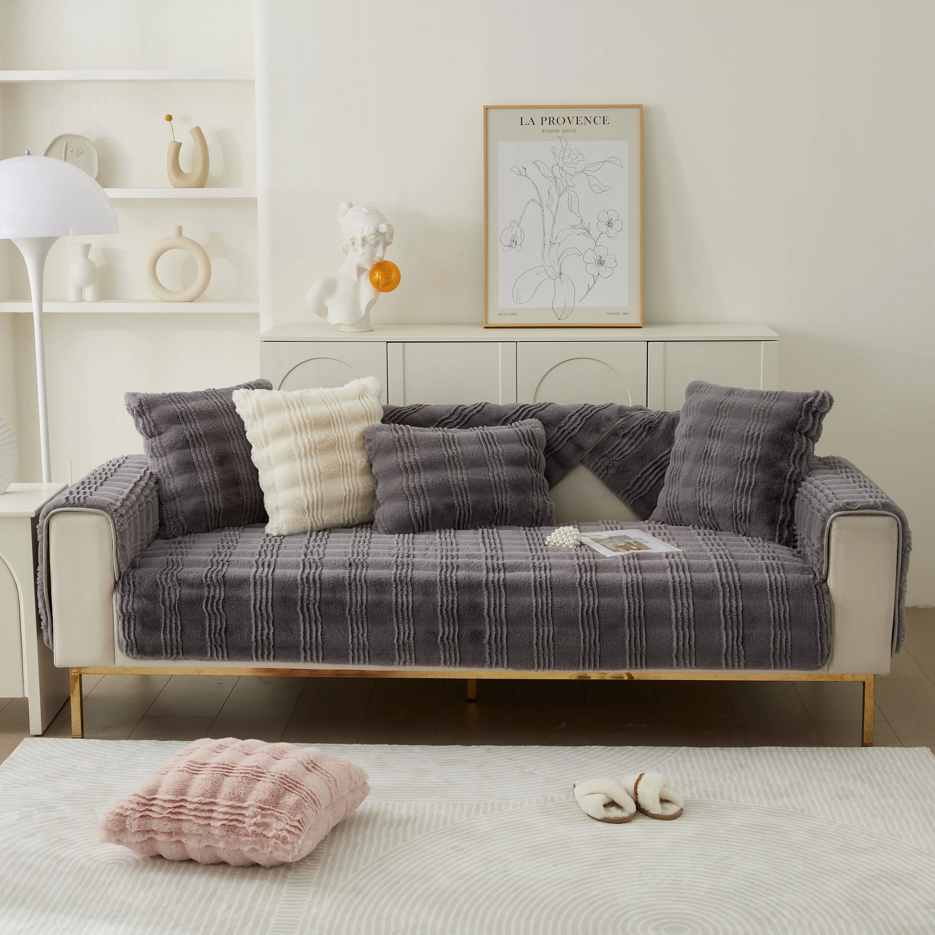Soft Thick Faux Fur Sofa Cover Stripe Fluffy Fuzzy Non-Slip Washable Couch Covers - Image 65
