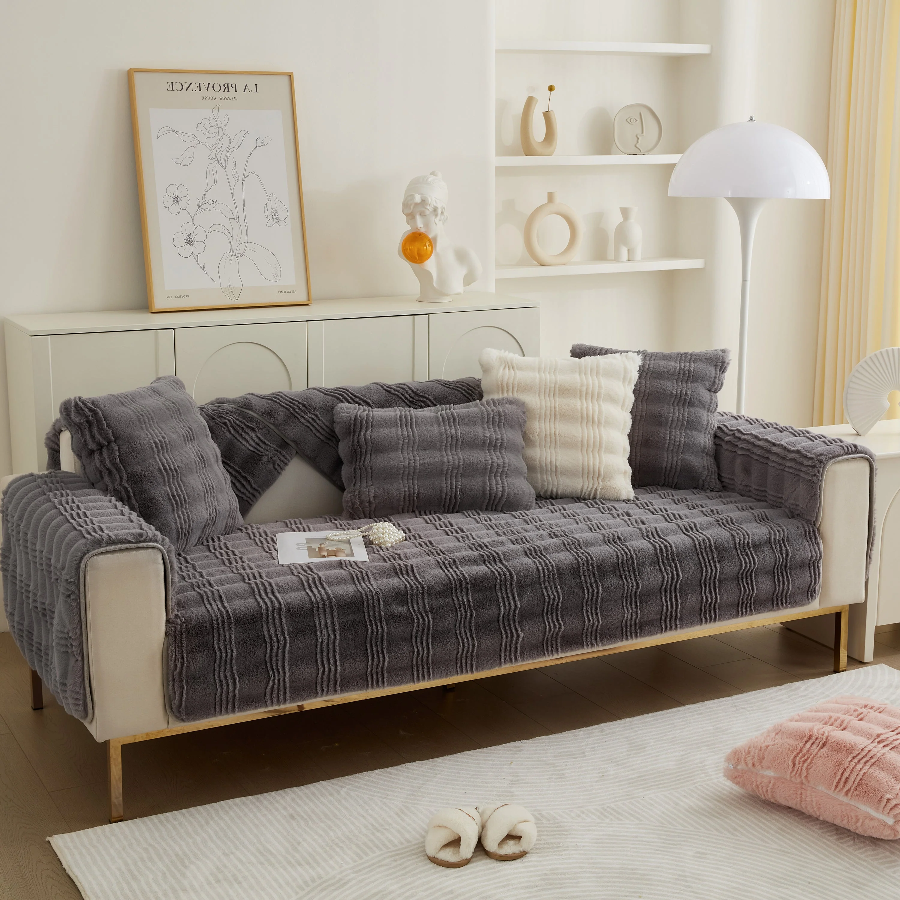 Soft Thick Faux Fur Sofa Cover Stripe Fluffy Fuzzy Non-Slip Washable Couch Covers - Image 66