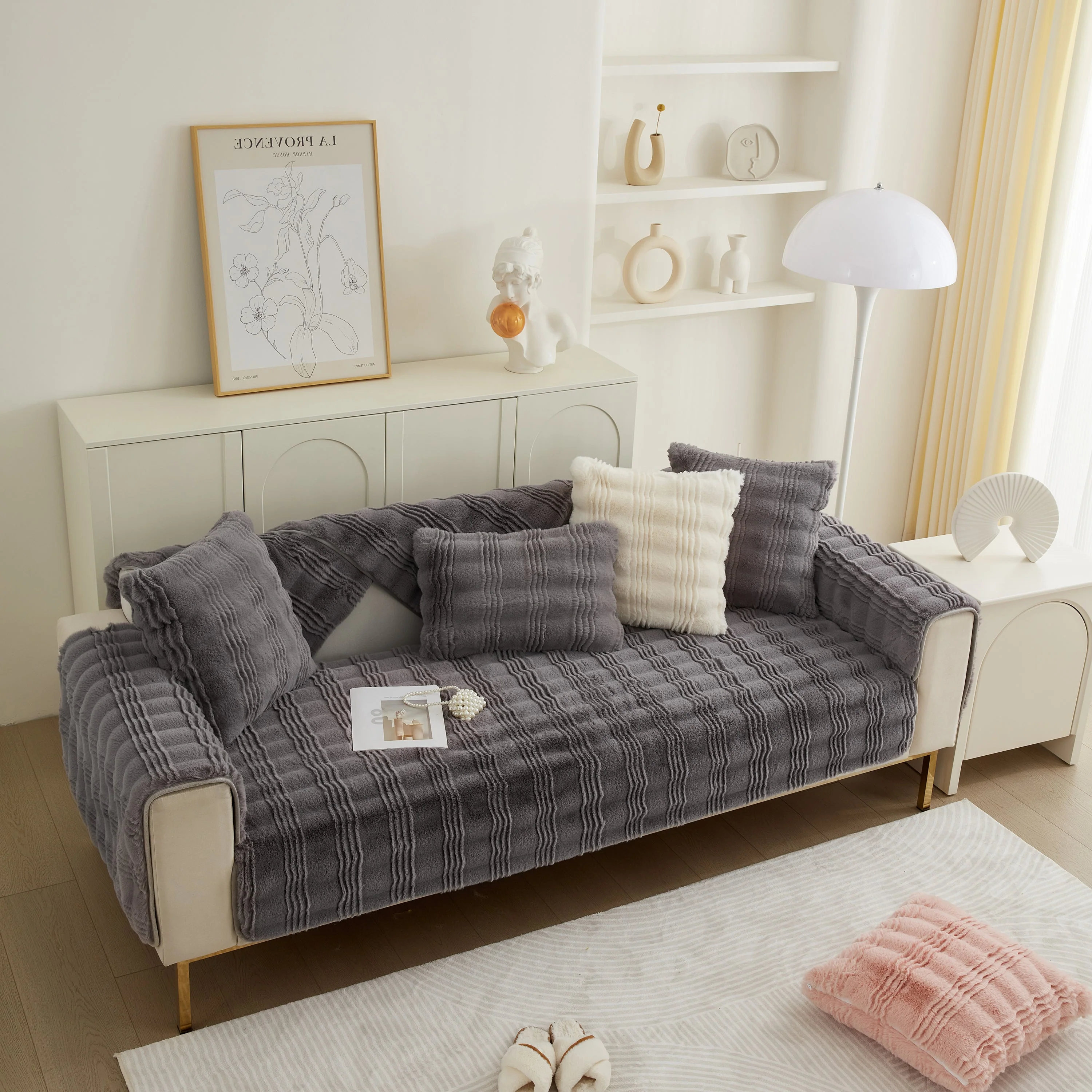 Soft Thick Faux Fur Sofa Cover Stripe Fluffy Fuzzy Non-Slip Washable Couch Covers - Image 67