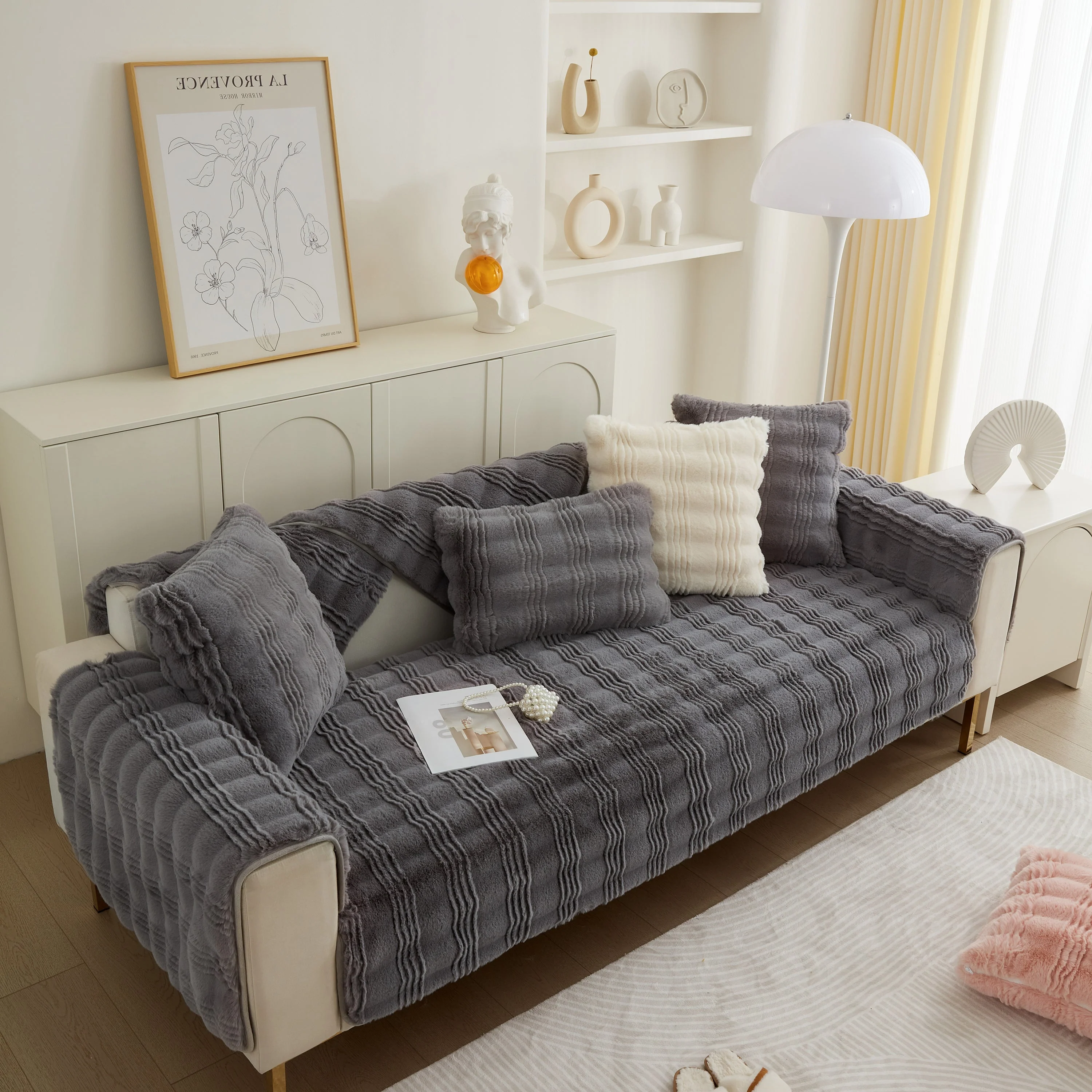 Soft Thick Faux Fur Sofa Cover Stripe Fluffy Fuzzy Non-Slip Washable Couch Covers - Image 68
