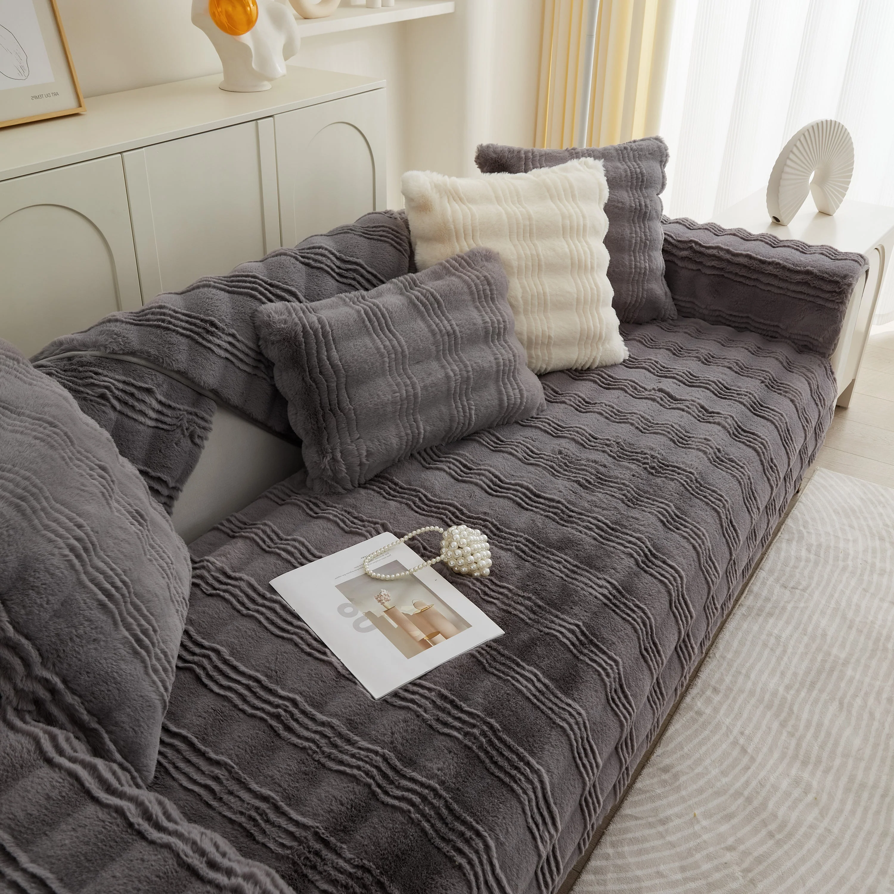 Soft Thick Faux Fur Sofa Cover Stripe Fluffy Fuzzy Non-Slip Washable Couch Covers - Image 69