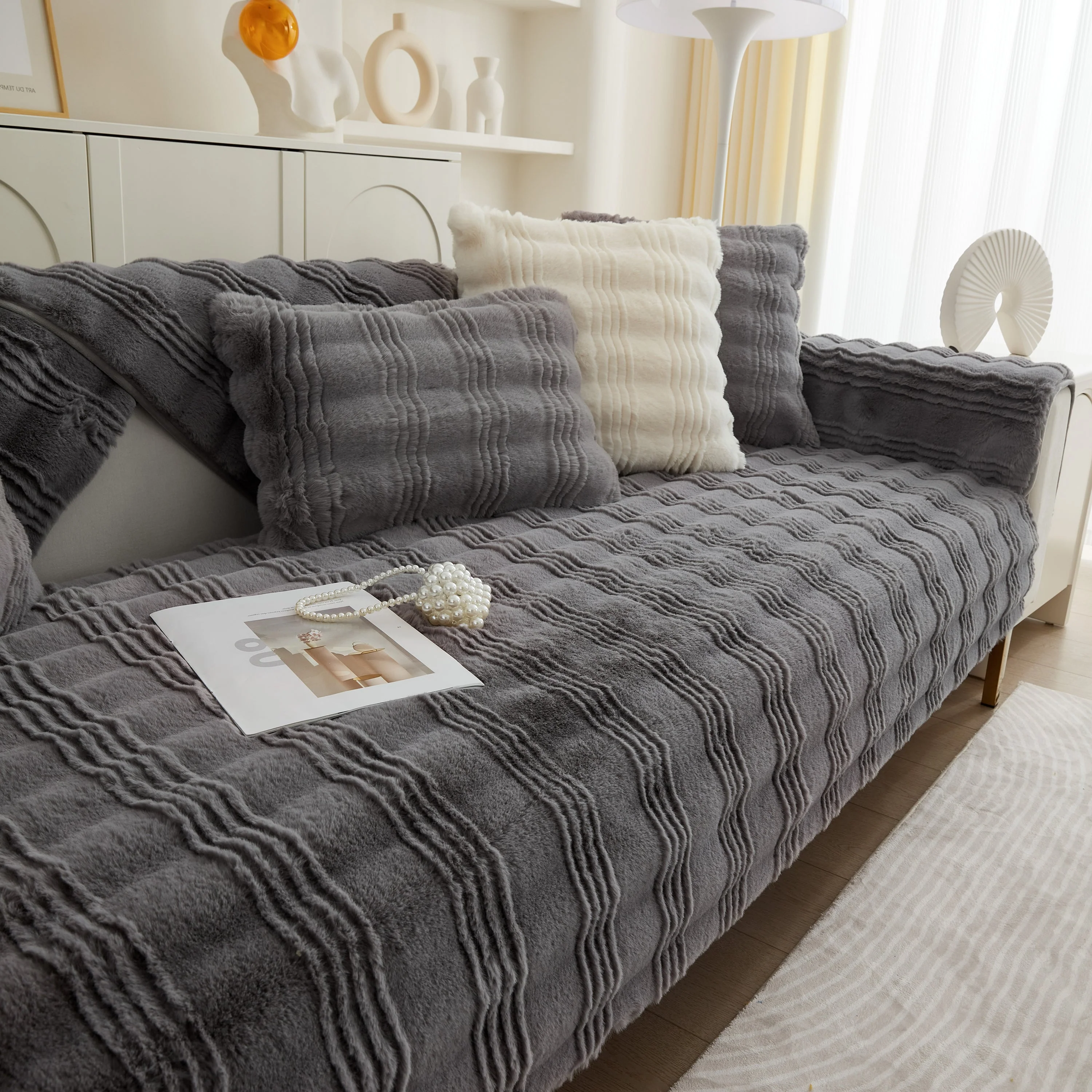 Soft Thick Faux Fur Sofa Cover Stripe Fluffy Fuzzy Non-Slip Washable Couch Covers - Image 70