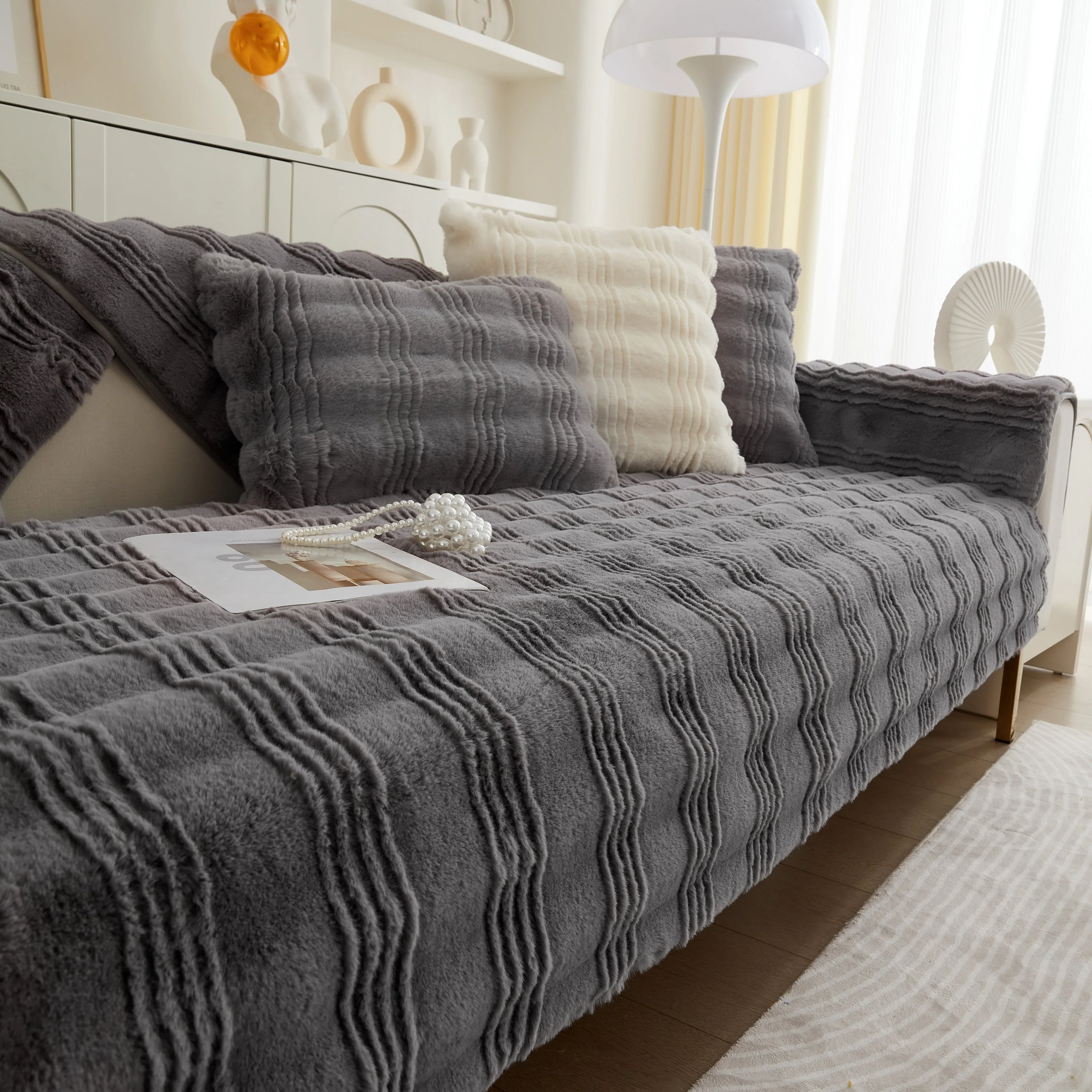 Soft Thick Faux Fur Sofa Cover Stripe Fluffy Fuzzy Non-Slip Washable Couch Covers - Image 71