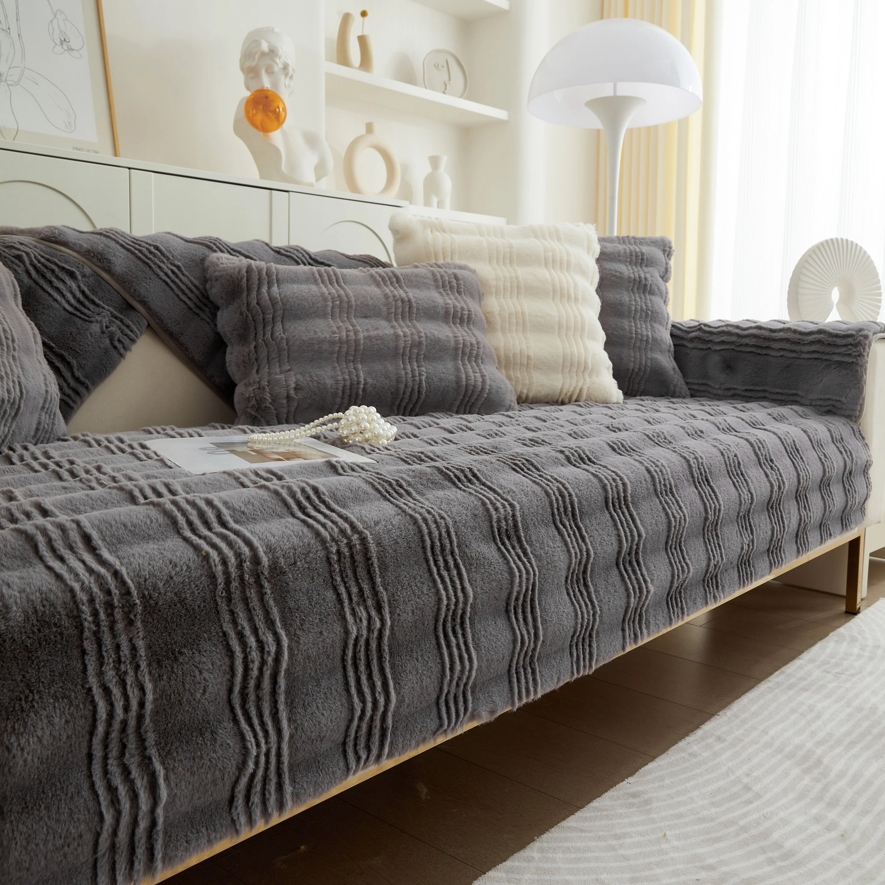 Soft Thick Faux Fur Sofa Cover Stripe Fluffy Fuzzy Non-Slip Washable Couch Covers - Image 72