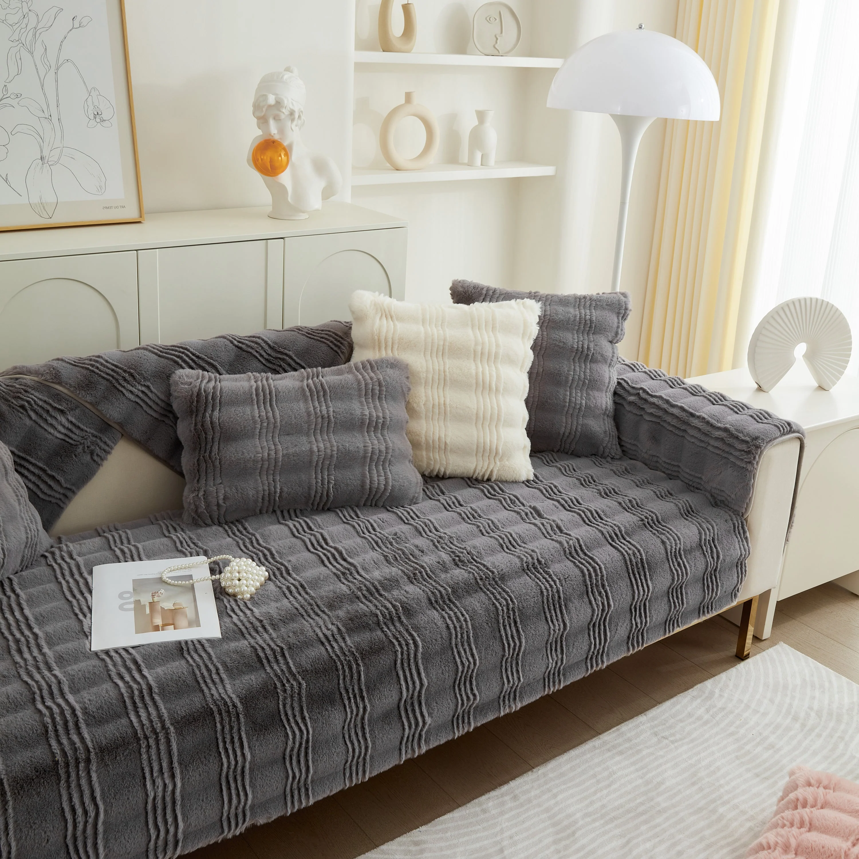 Soft Thick Faux Fur Sofa Cover Stripe Fluffy Fuzzy Non-Slip Washable Couch Covers - Image 73