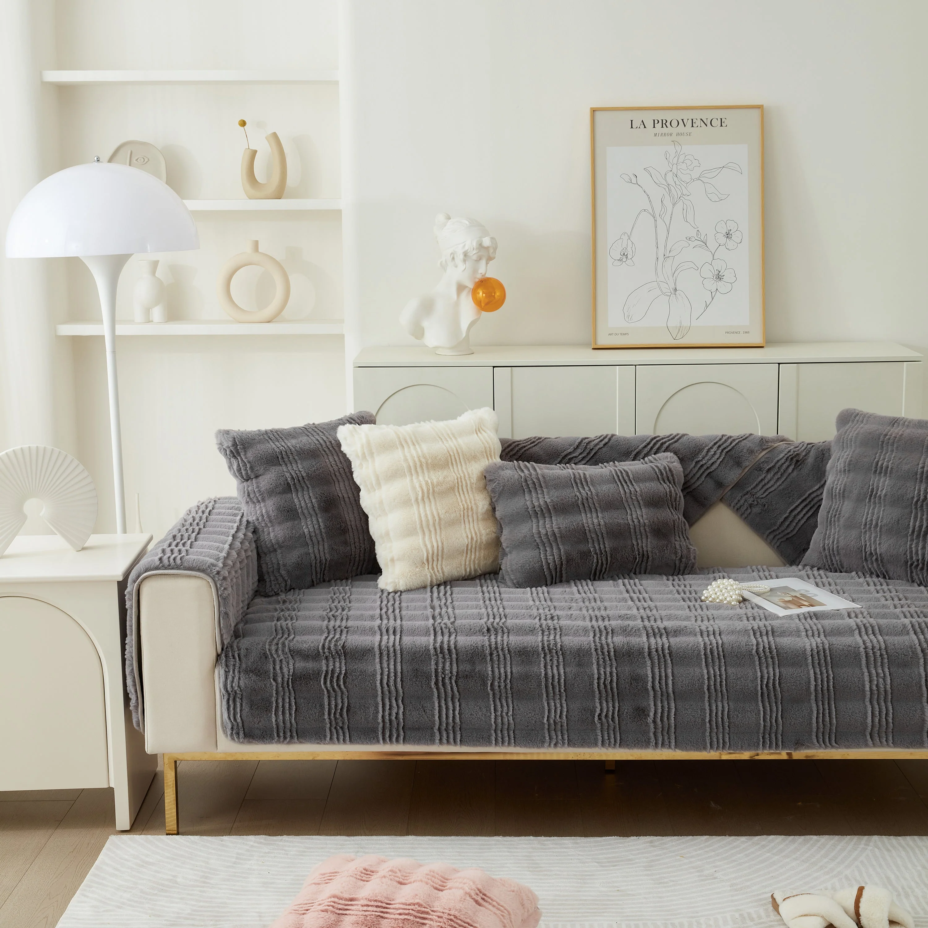 Soft Thick Faux Fur Sofa Cover Stripe Fluffy Fuzzy Non-Slip Washable Couch Covers - Image 74