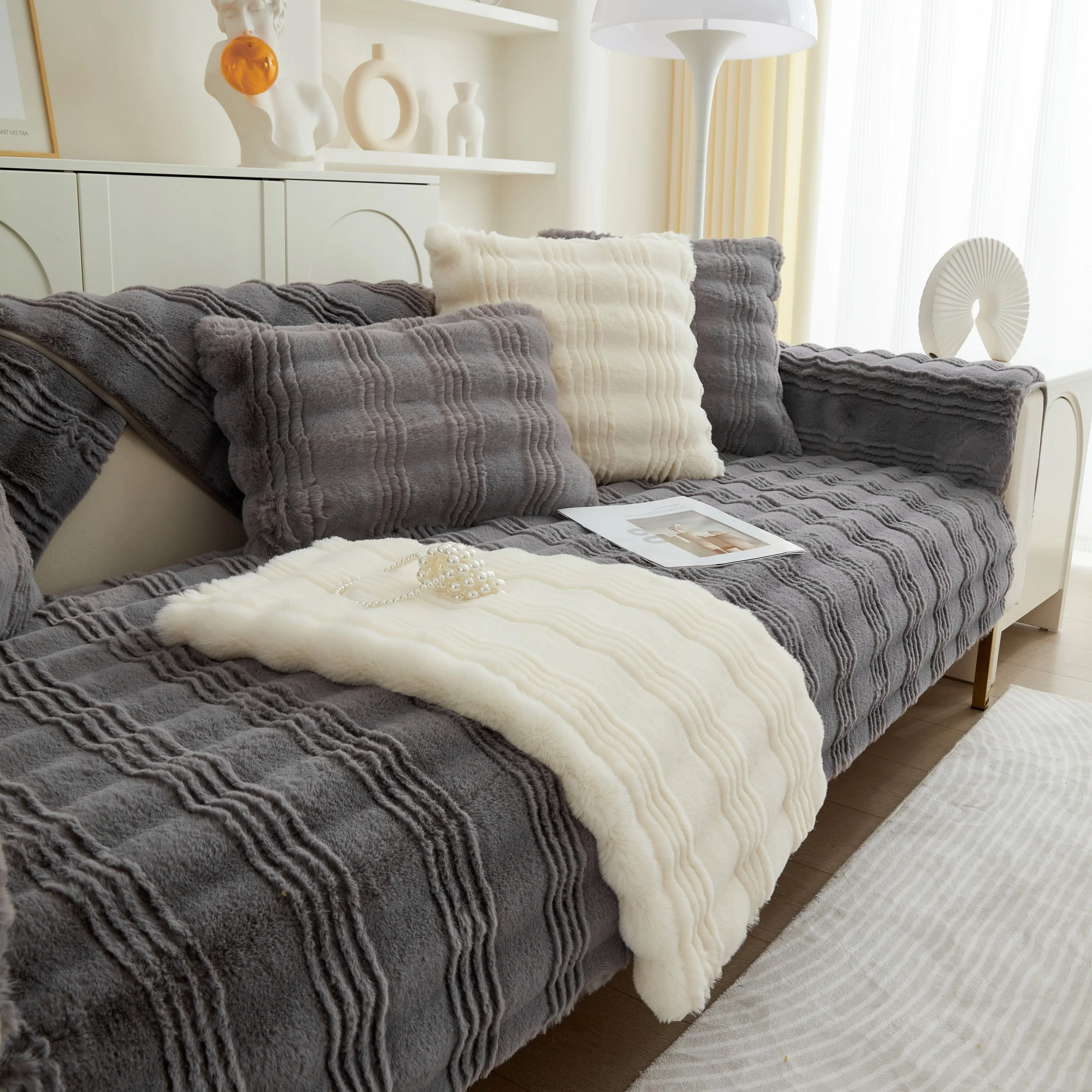 Soft Thick Faux Fur Sofa Cover Stripe Fluffy Fuzzy Non-Slip Washable Couch Covers - Image 75