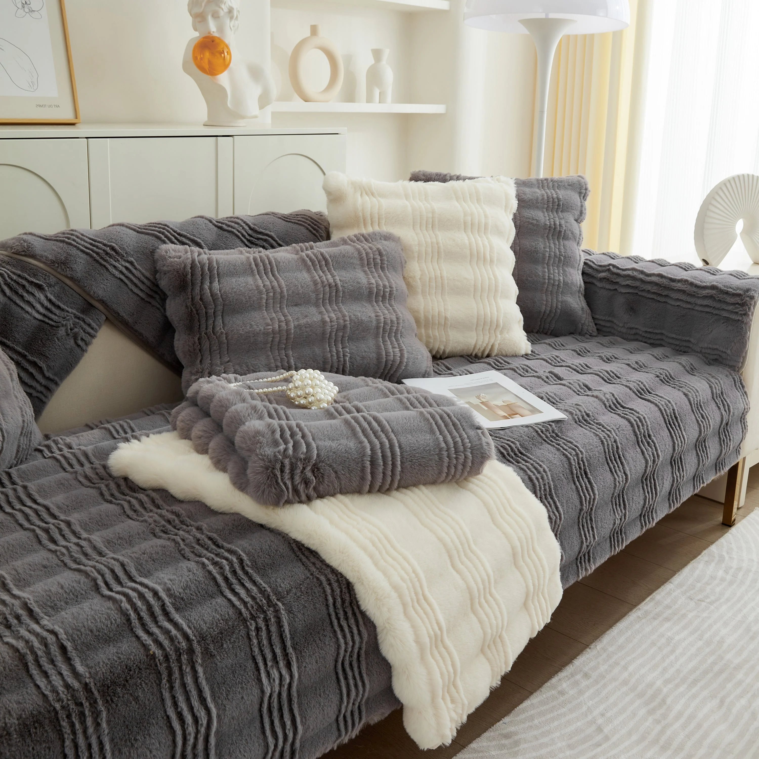 Soft Thick Faux Fur Sofa Cover Stripe Fluffy Fuzzy Non-Slip Washable Couch Covers - Image 76
