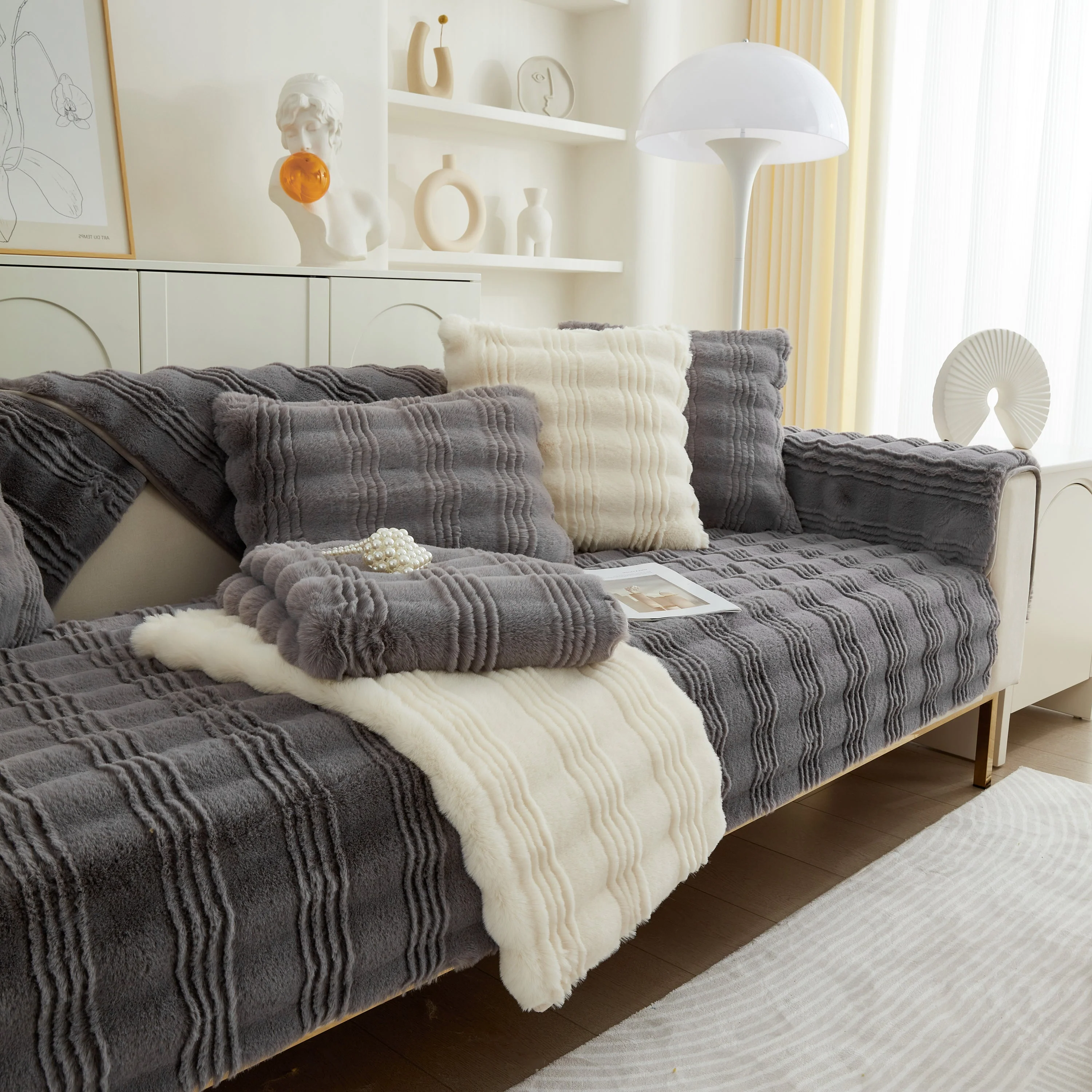 Soft Thick Faux Fur Sofa Cover Stripe Fluffy Fuzzy Non-Slip Washable Couch Covers - Image 77