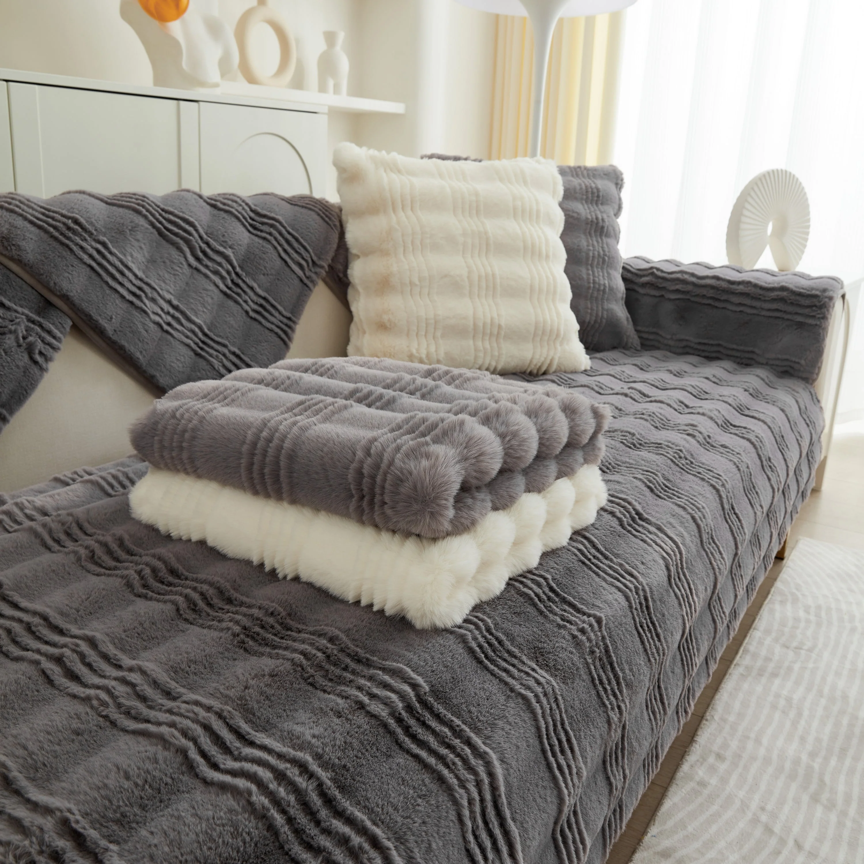 Soft Thick Faux Fur Sofa Cover Stripe Fluffy Fuzzy Non-Slip Washable Couch Covers - Image 78