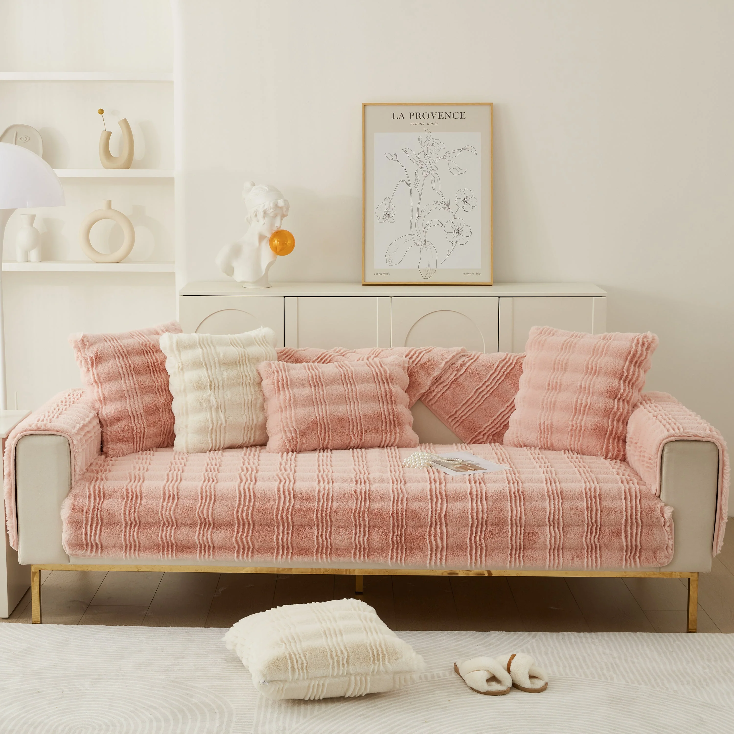 Soft Thick Faux Fur Sofa Cover Stripe Fluffy Fuzzy Non-Slip Washable Couch Covers - Image 85