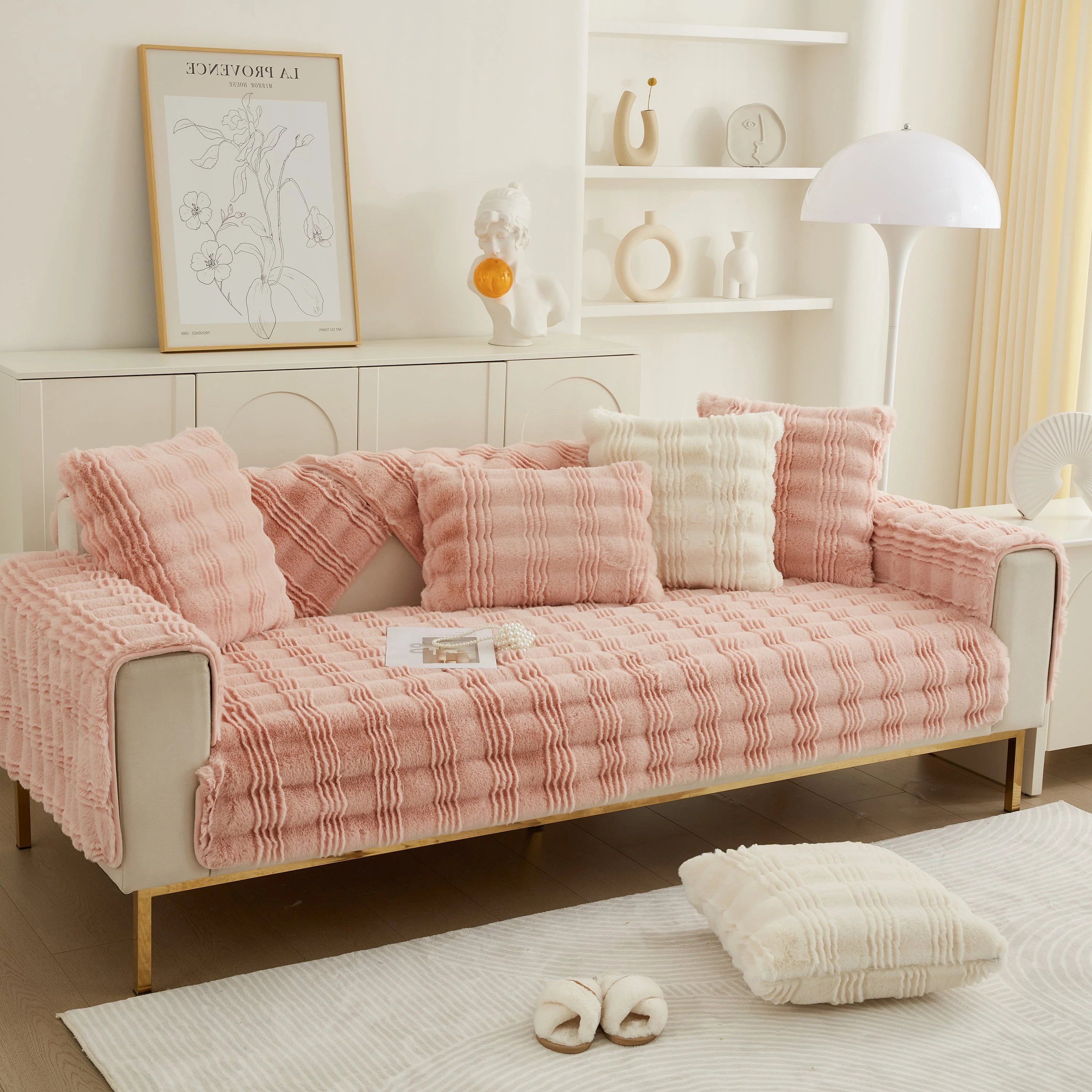 Soft Thick Faux Fur Sofa Cover Stripe Fluffy Fuzzy Non-Slip Washable Couch Covers - Image 86