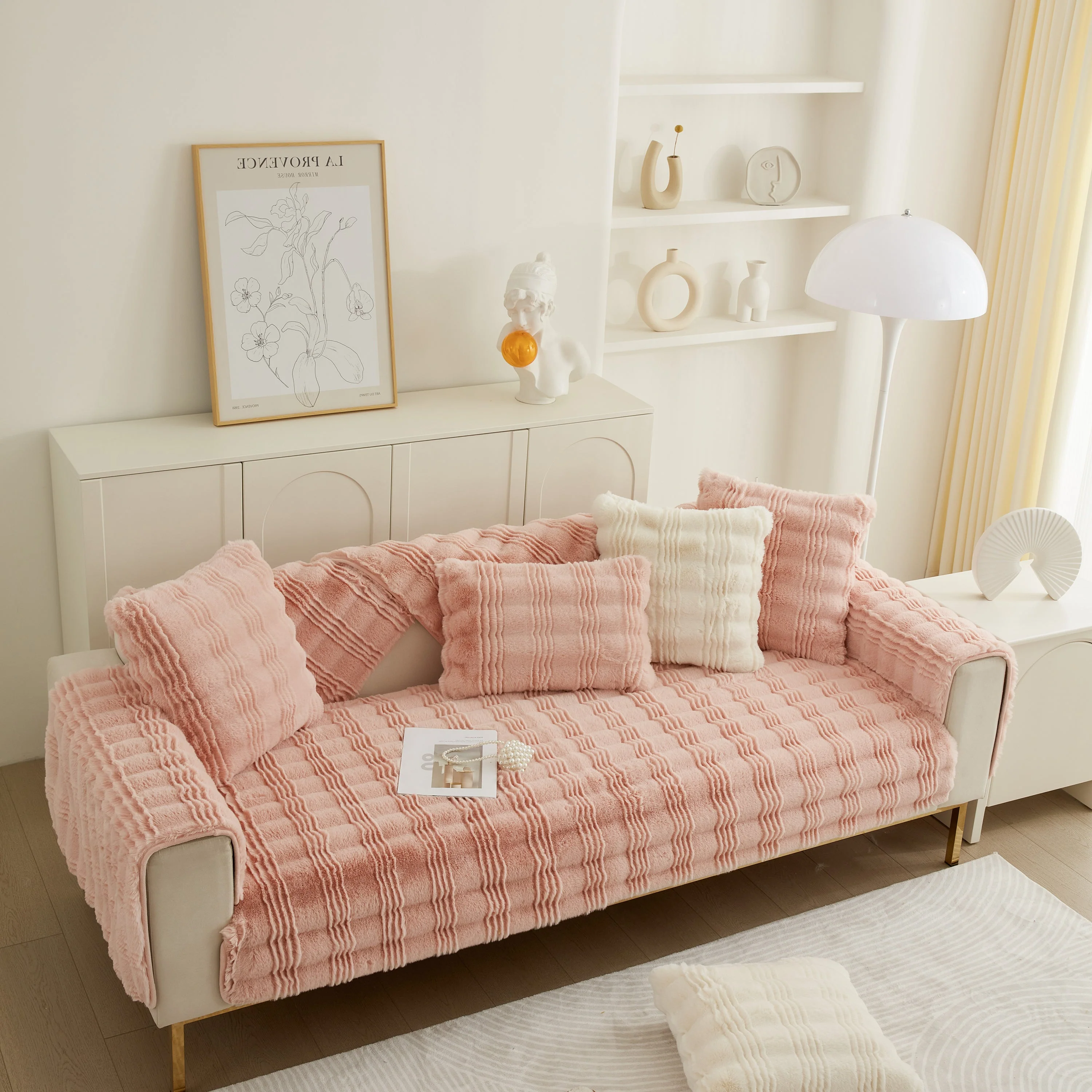 Soft Thick Faux Fur Sofa Cover Stripe Fluffy Fuzzy Non-Slip Washable Couch Covers - Image 87