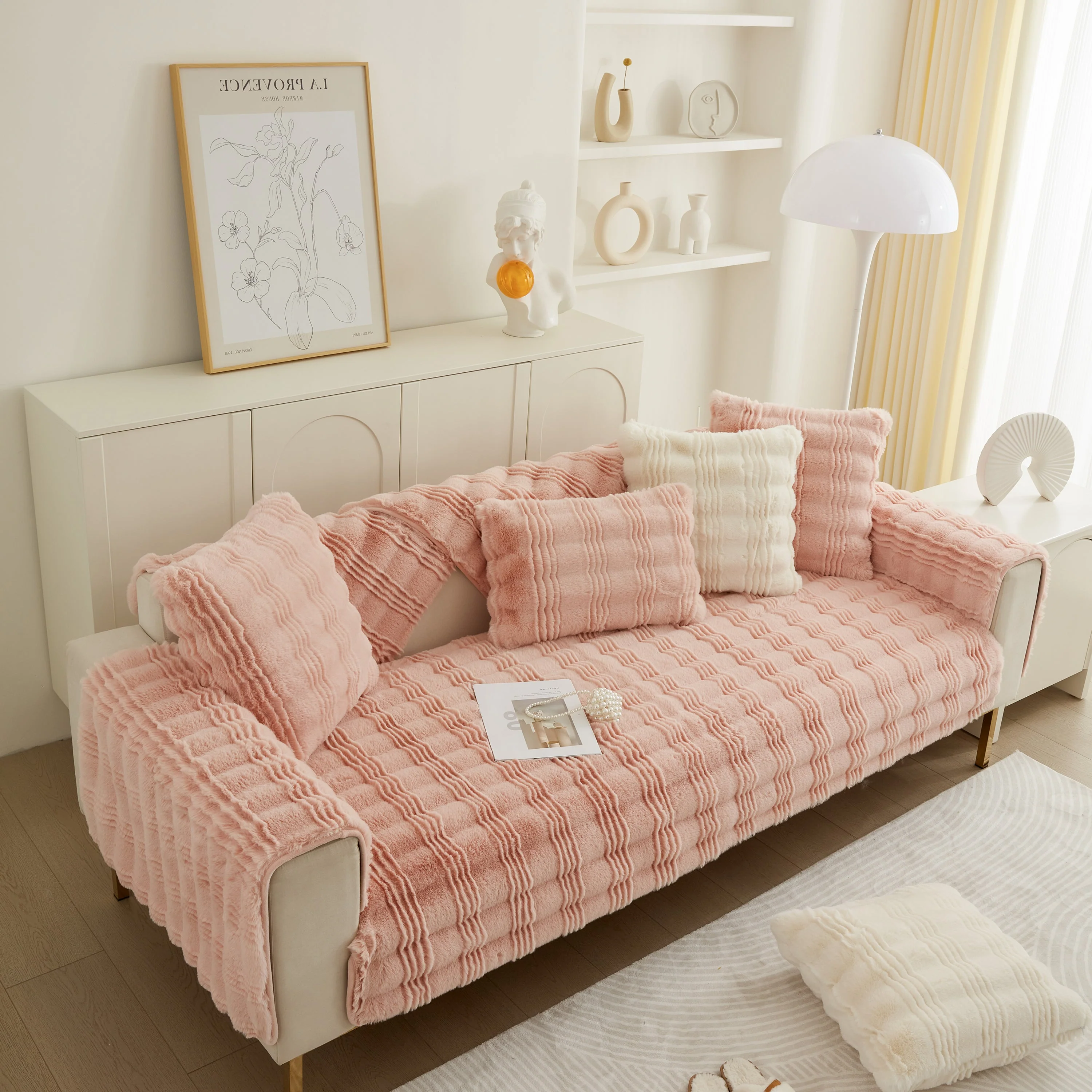 Soft Thick Faux Fur Sofa Cover Stripe Fluffy Fuzzy Non-Slip Washable Couch Covers - Image 88