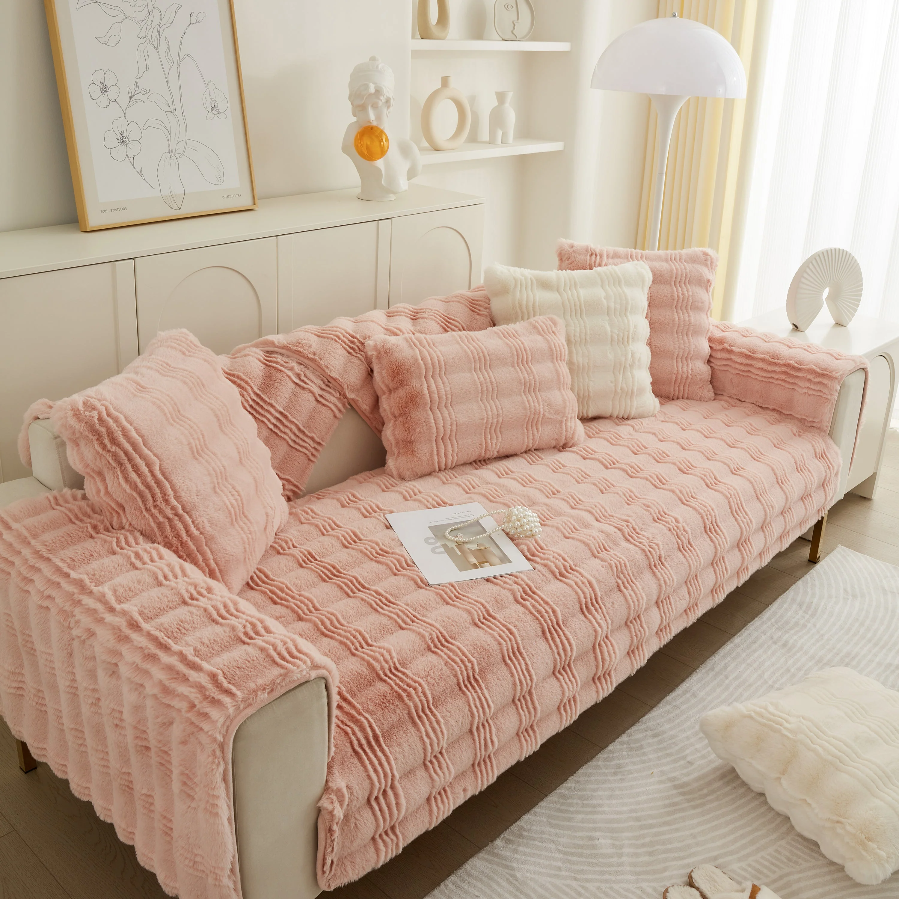 Soft Thick Faux Fur Sofa Cover Stripe Fluffy Fuzzy Non-Slip Washable Couch Covers - Image 89