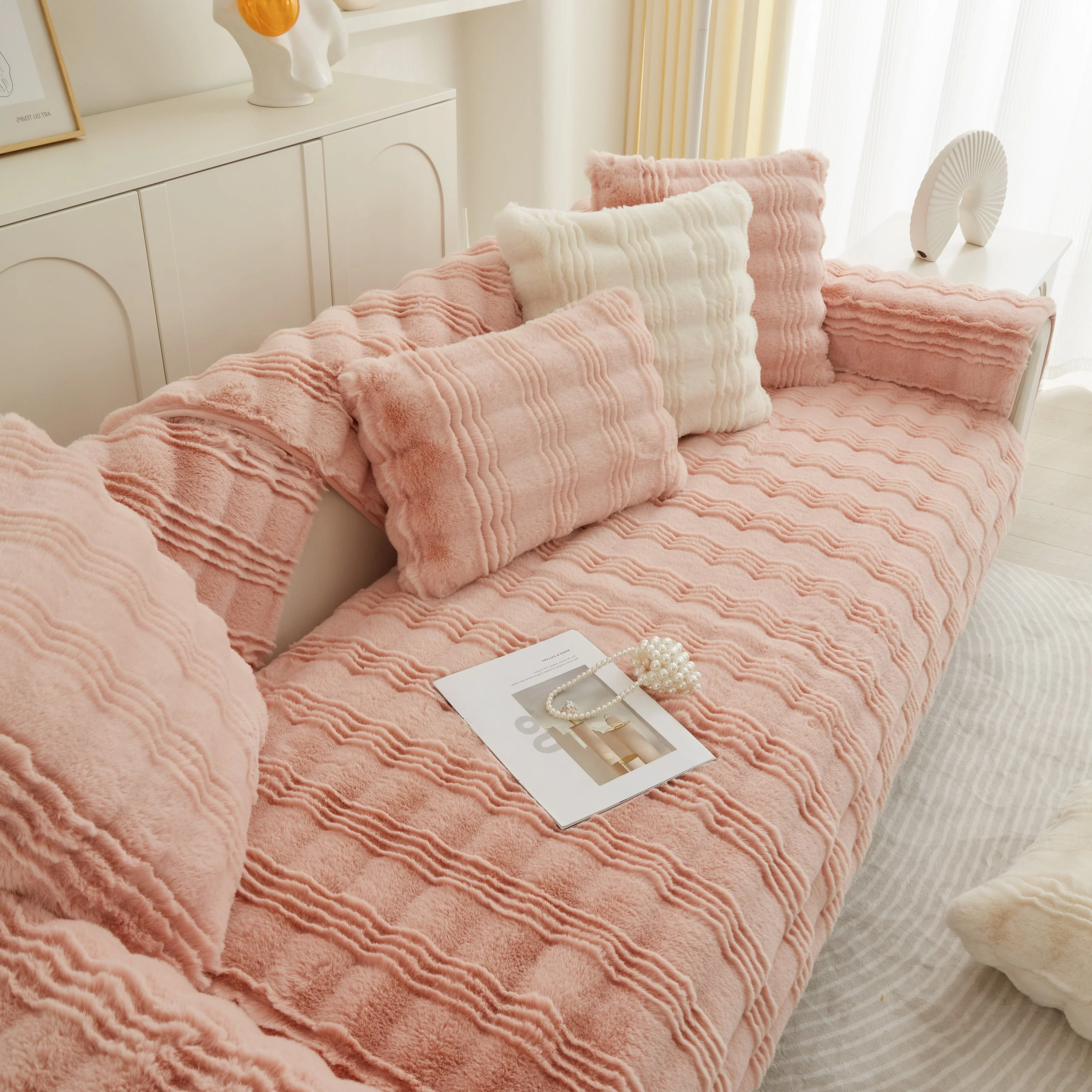 Soft Thick Faux Fur Sofa Cover Stripe Fluffy Fuzzy Non-Slip Washable Couch Covers - Image 90