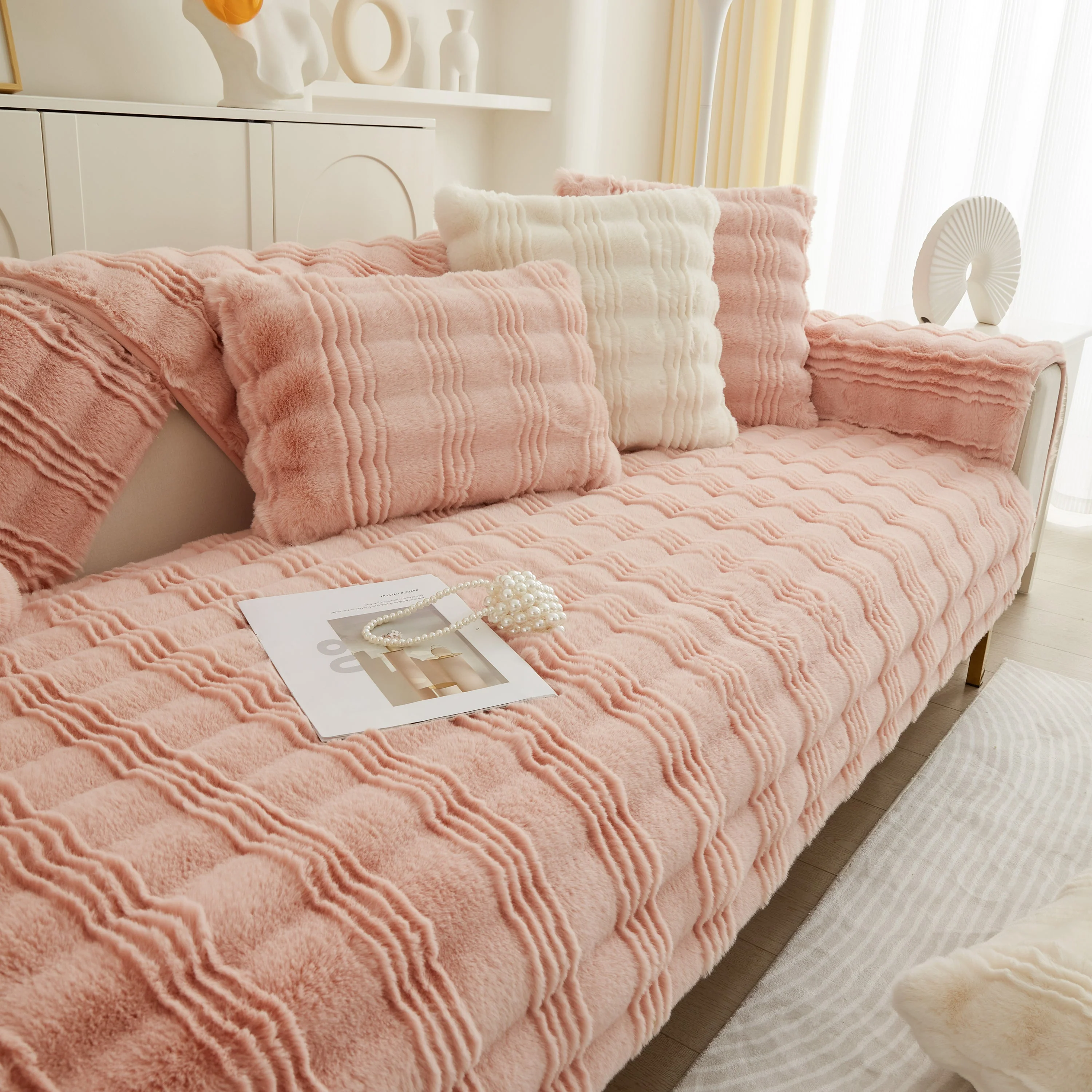 Soft Thick Faux Fur Sofa Cover Stripe Fluffy Fuzzy Non-Slip Washable Couch Covers - Image 91
