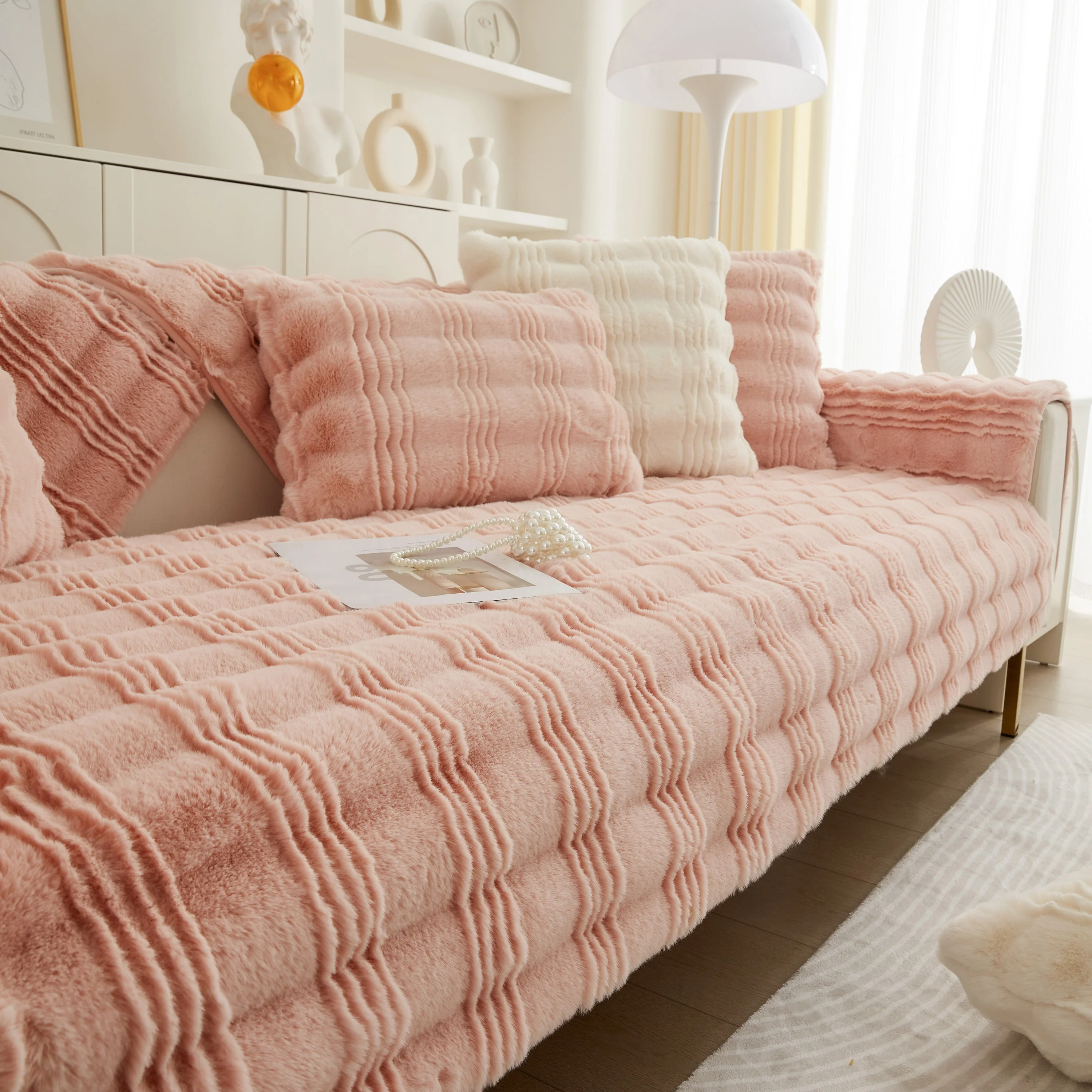 Soft Thick Faux Fur Sofa Cover Stripe Fluffy Fuzzy Non-Slip Washable Couch Covers - Image 92
