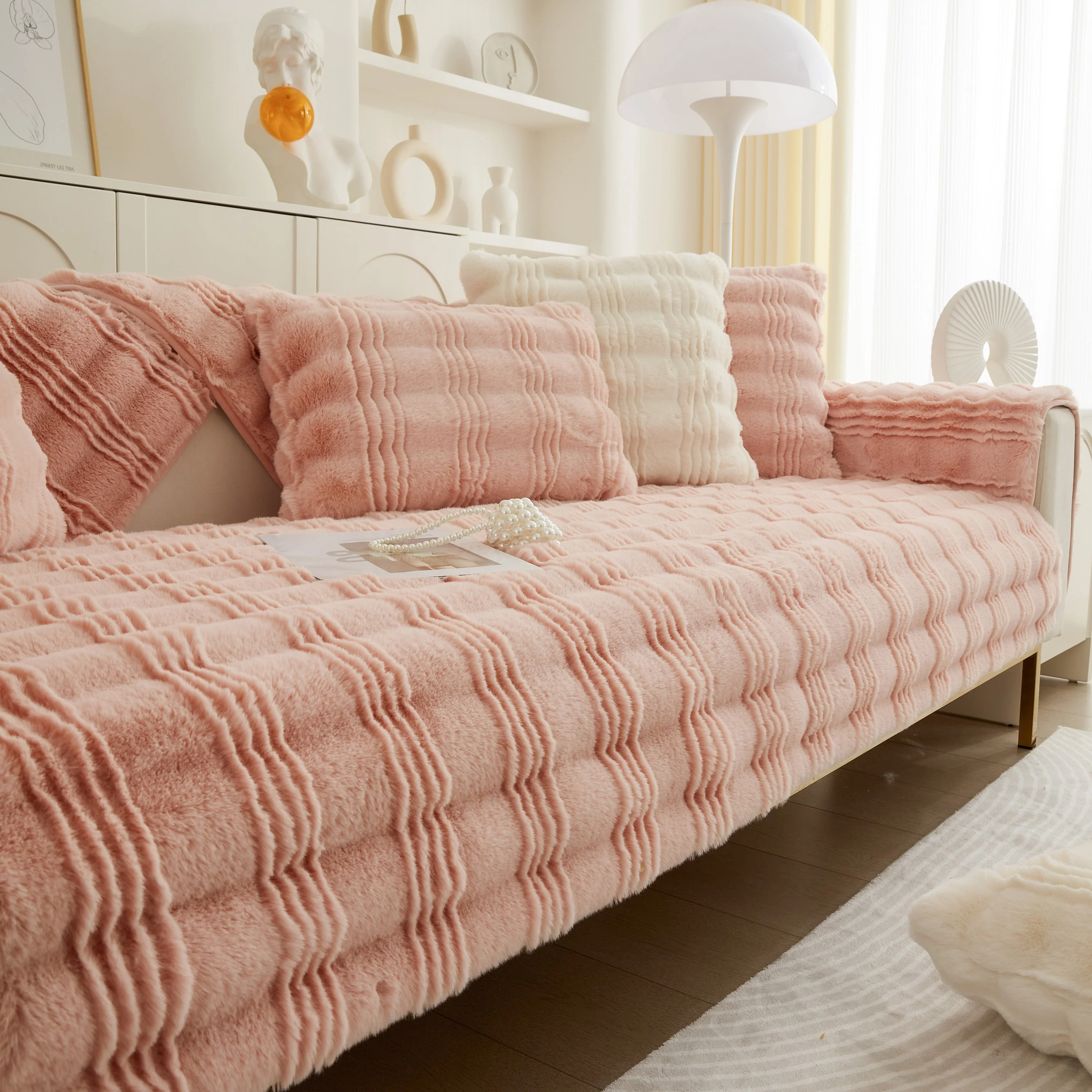 Soft Thick Faux Fur Sofa Cover Stripe Fluffy Fuzzy Non-Slip Washable Couch Covers - Image 93