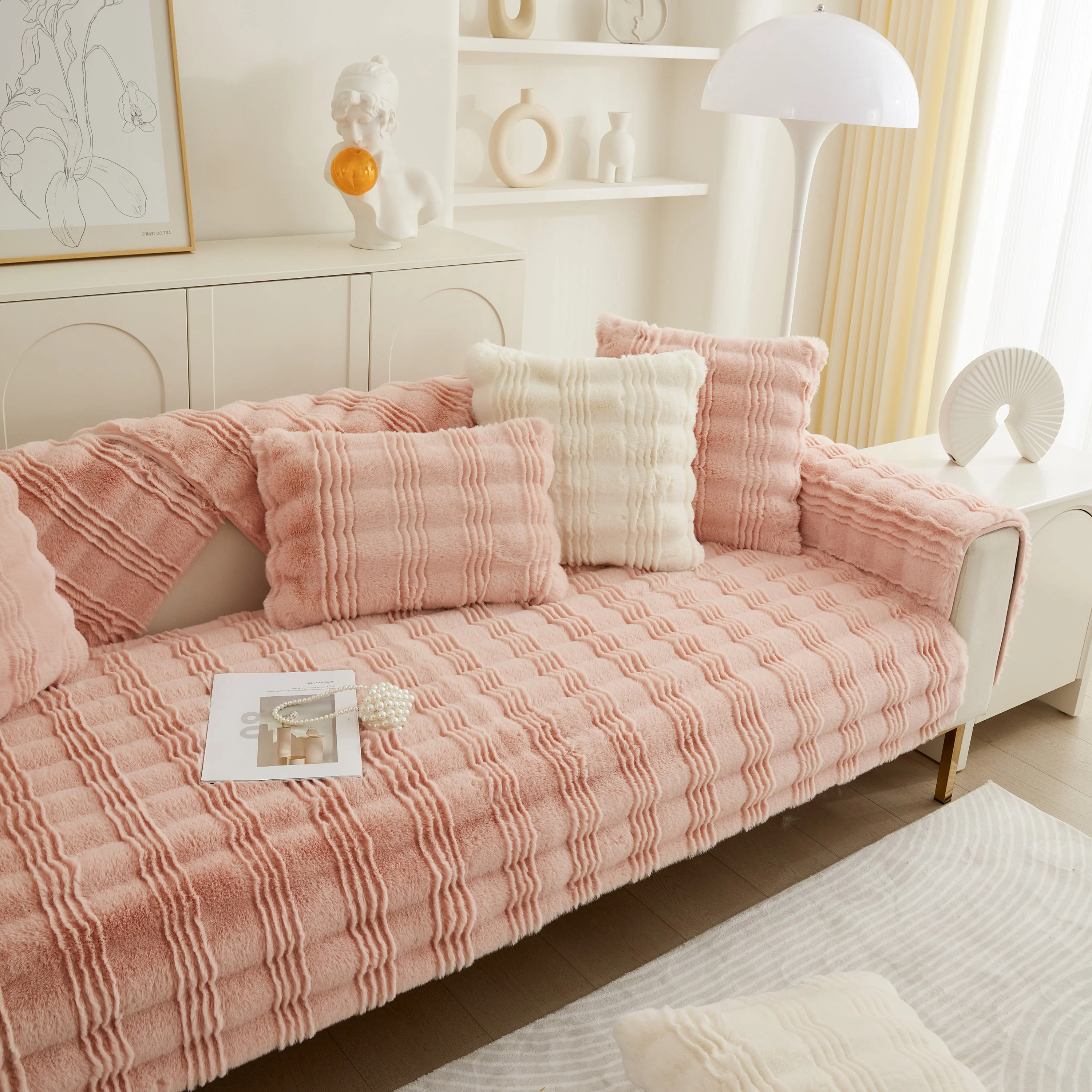 Soft Thick Faux Fur Sofa Cover Stripe Fluffy Fuzzy Non-Slip Washable Couch Covers - Image 94