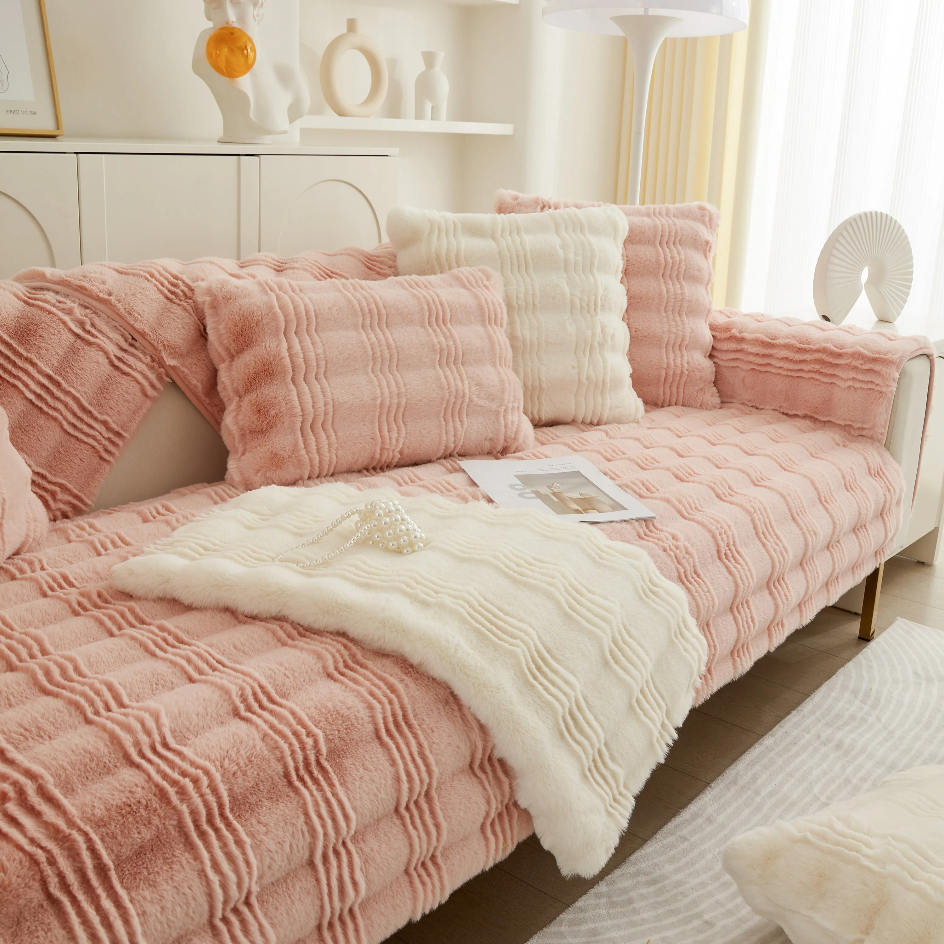 Soft Thick Faux Fur Sofa Cover Stripe Fluffy Fuzzy Non-Slip Washable Couch Covers - Image 96