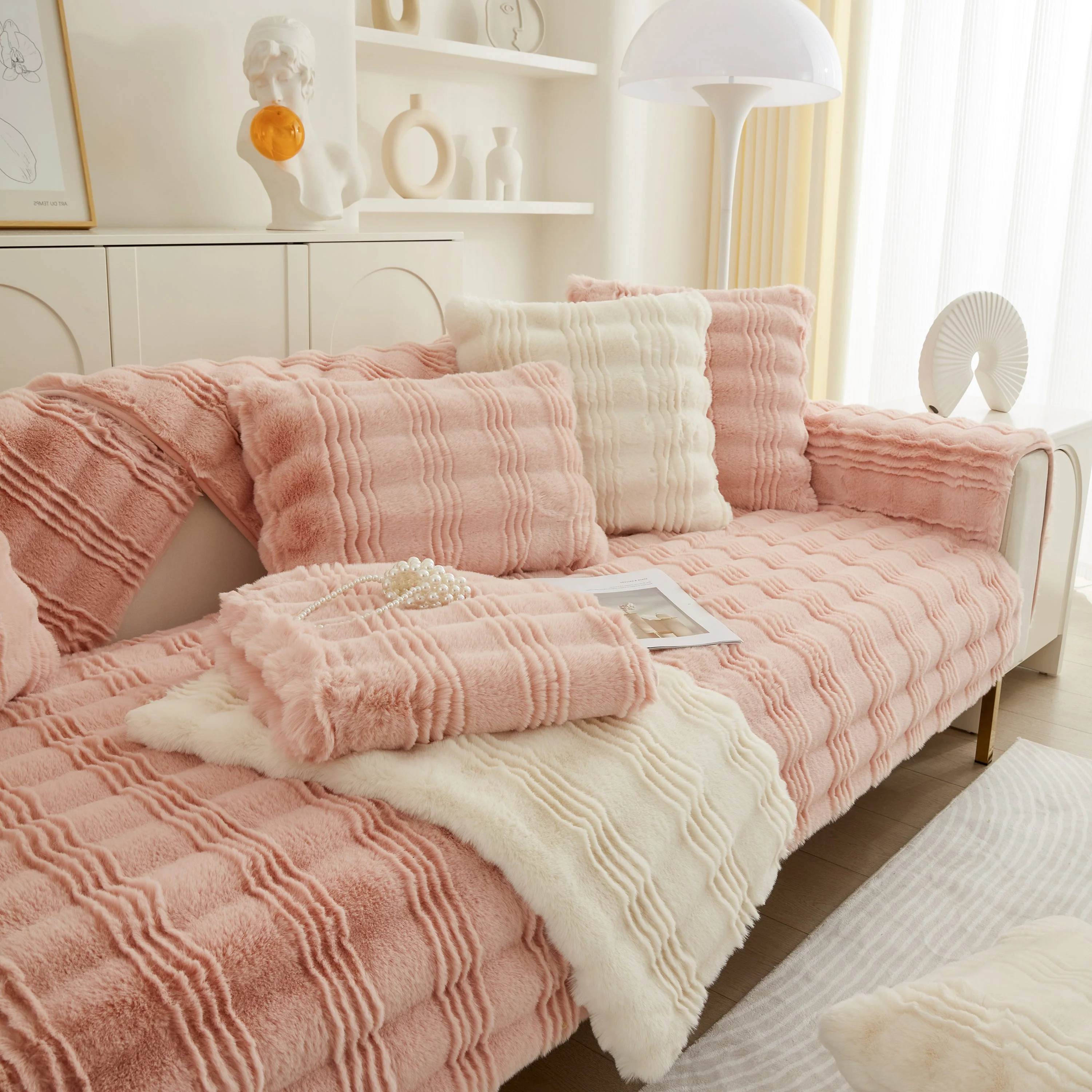Soft Thick Faux Fur Sofa Cover Stripe Fluffy Fuzzy Non-Slip Washable Couch Covers - Image 97