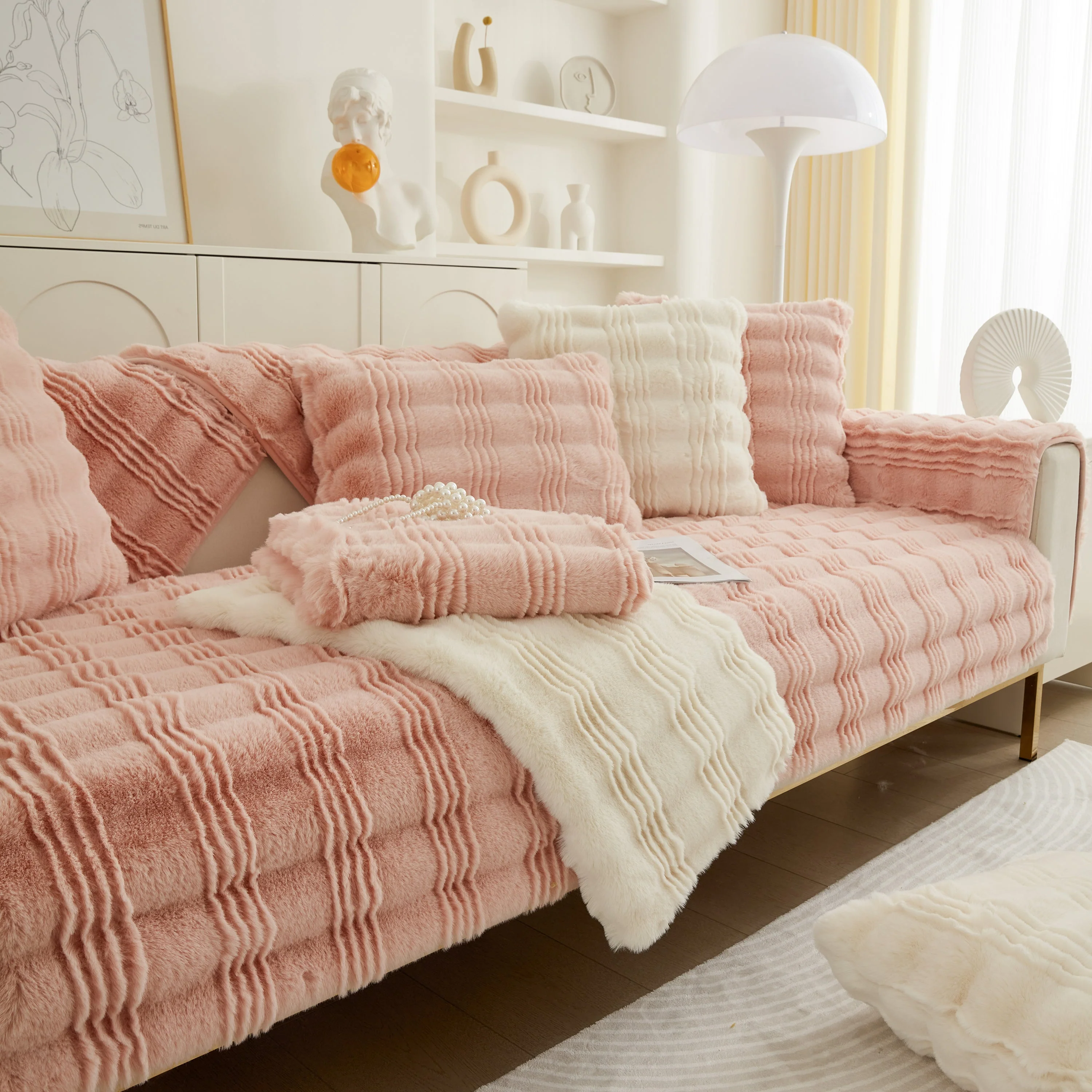 Soft Thick Faux Fur Sofa Cover Stripe Fluffy Fuzzy Non-Slip Washable Couch Covers - Image 98