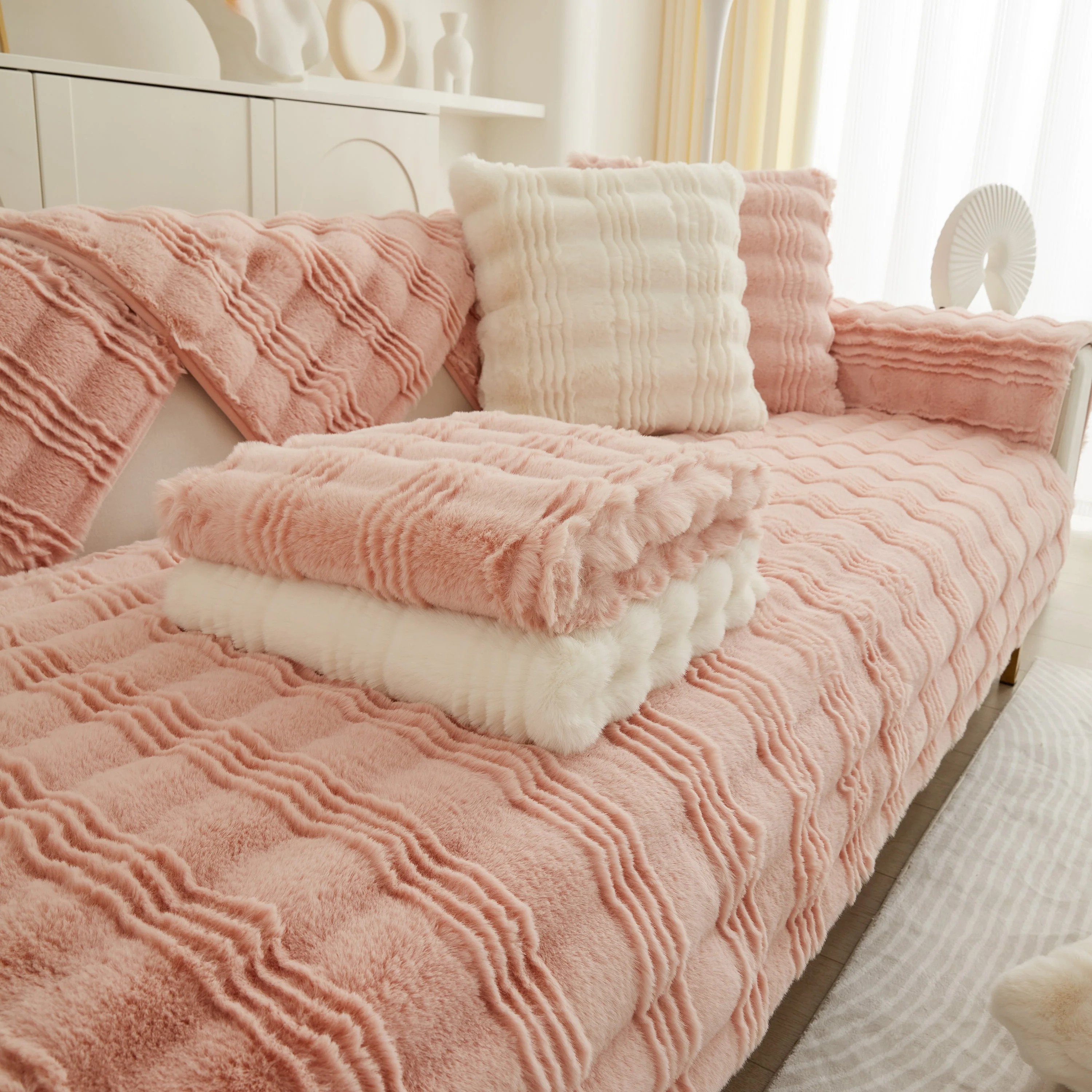 Soft Thick Faux Fur Sofa Cover Stripe Fluffy Fuzzy Non-Slip Washable Couch Covers - Image 99