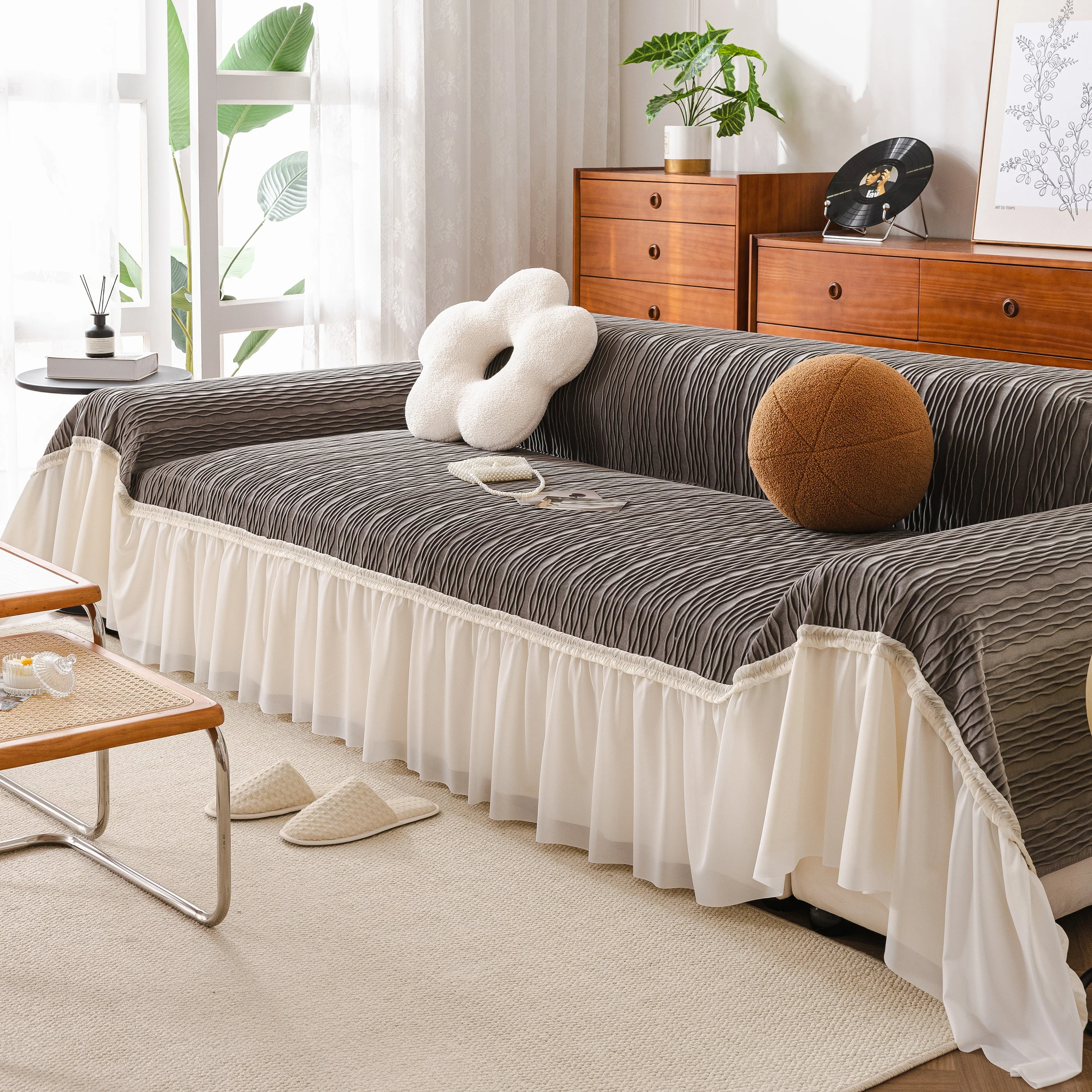 Soft Warm Flannel Couch Cover Throw Blanket with French Flounce, Beautiful Furniture Throws for Sofas - Image 86
