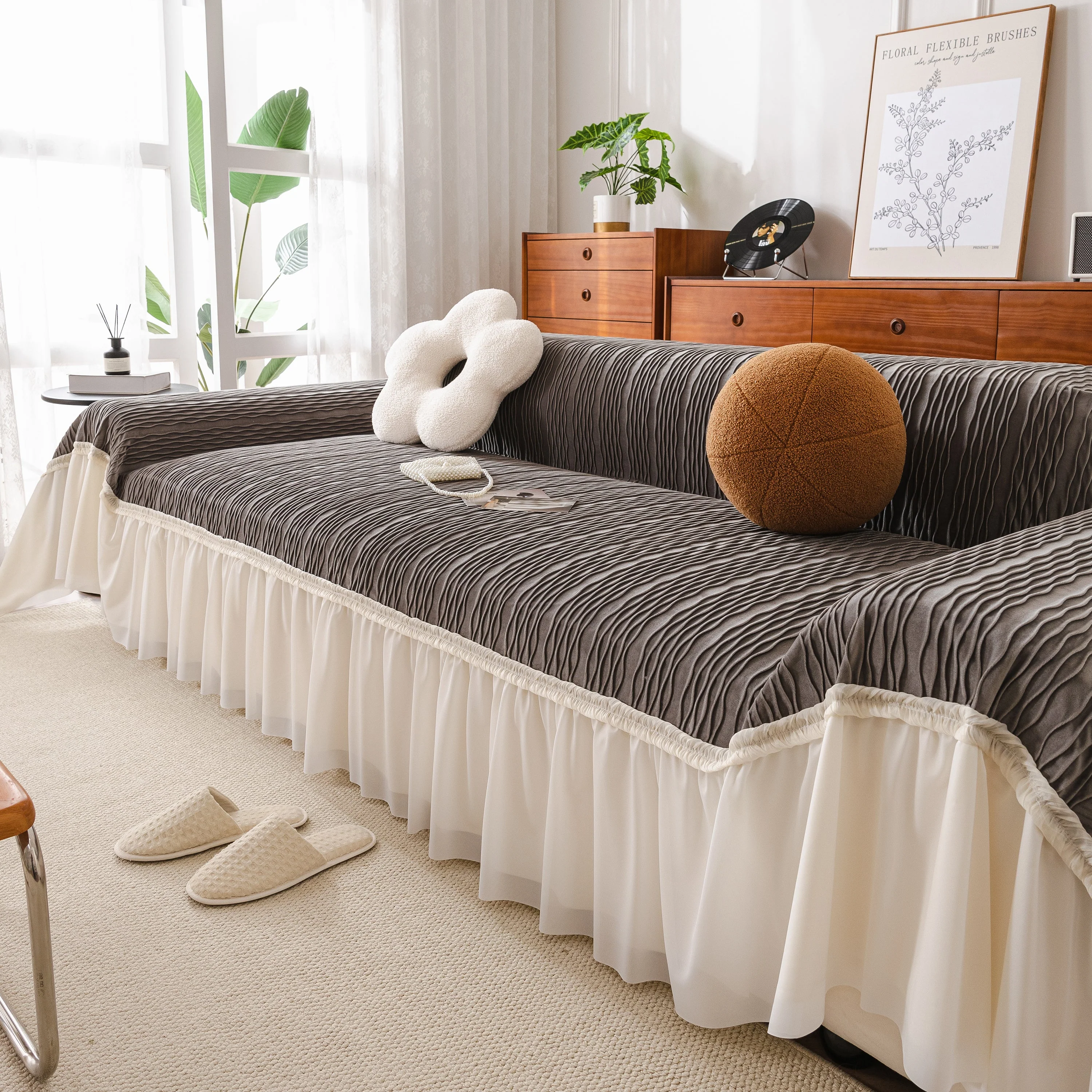 Soft Warm Flannel Couch Cover Throw Blanket with French Flounce, Beautiful Furniture Throws for Sofas - Image 90